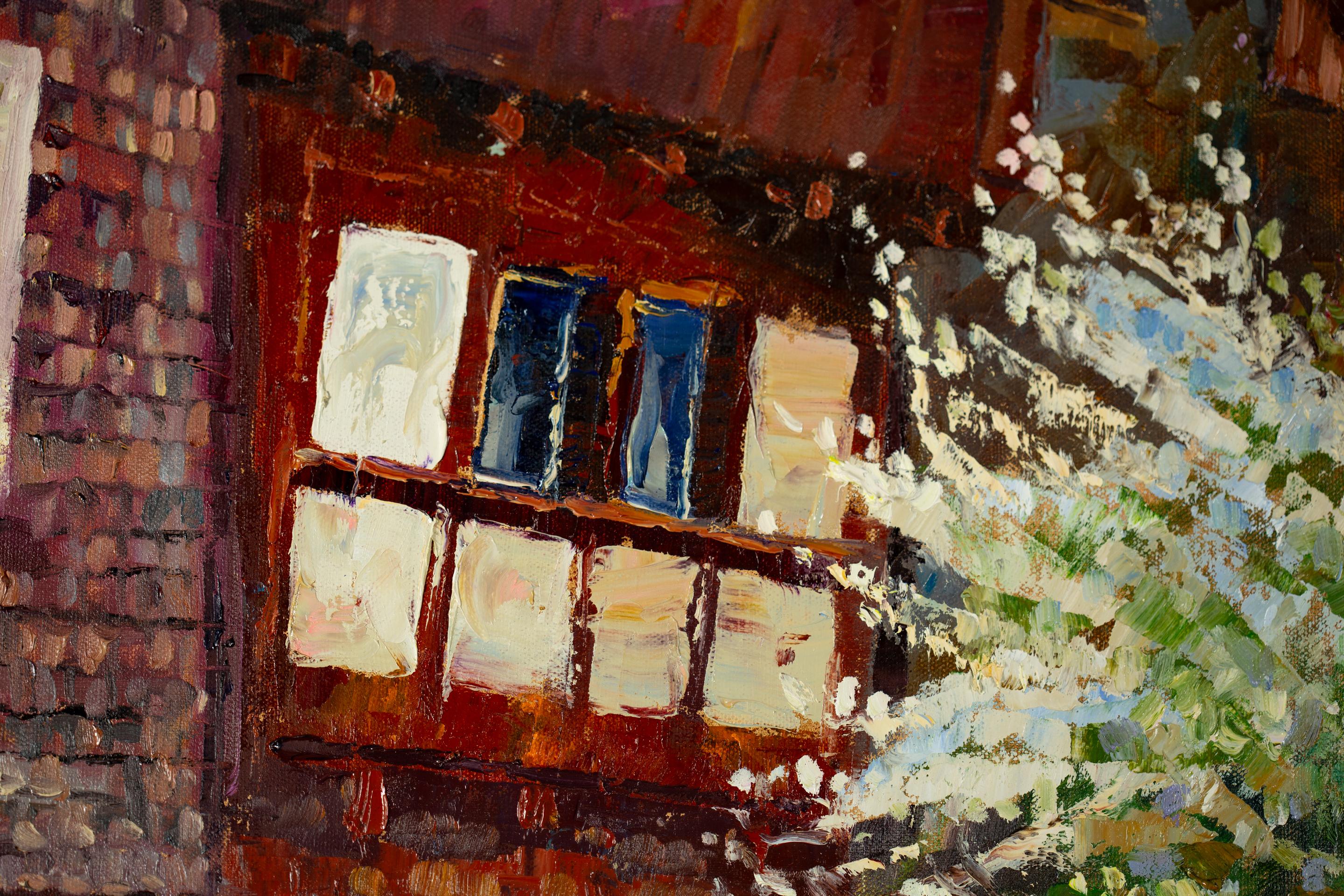 Spring in Werdenberg, Postimpressionismus, Ölgemälde, horizontal, Blumen, Tow im Angebot 4