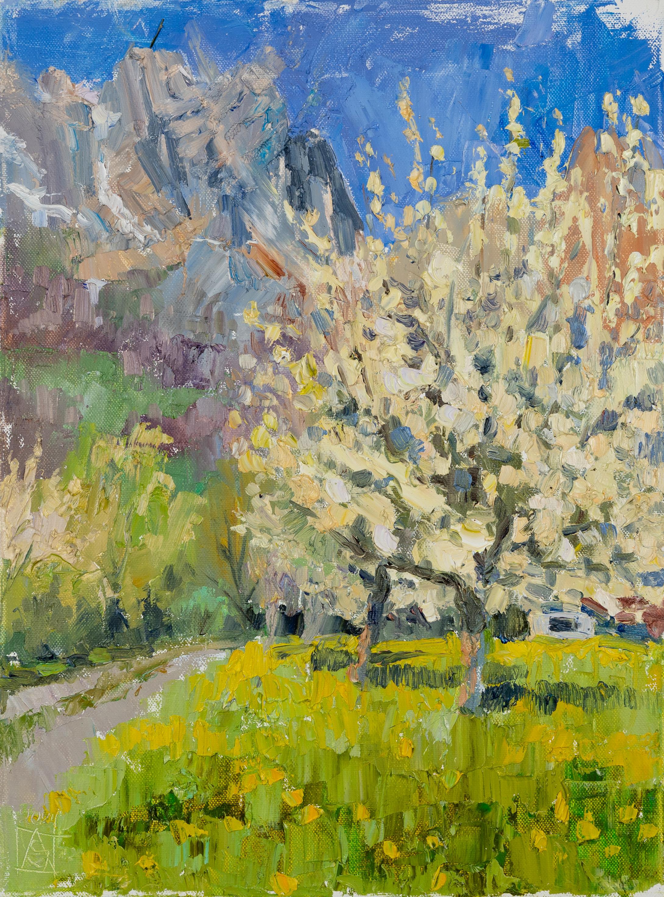 Gioia di primavera. Paesaggio verticale, impressionismo. Fiori, Montagne.