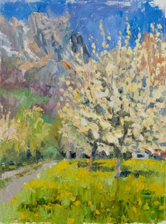 Spring Joy. Vertical landscape, impressionism. Flowers, Mountains.