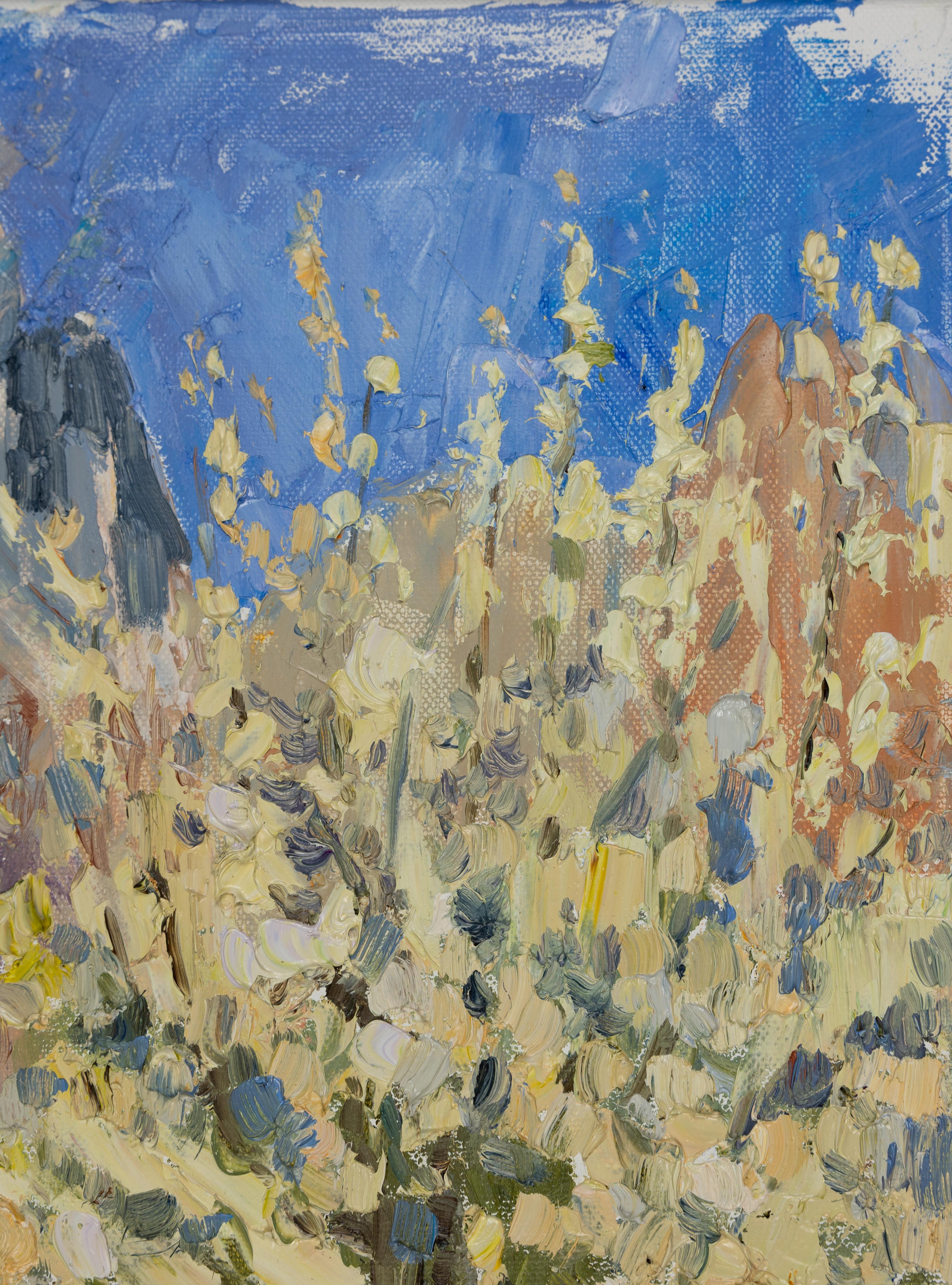 Spring Joy. Vertical landscape, impressionism. Flowers, Mountains, Switzerland im Angebot 1
