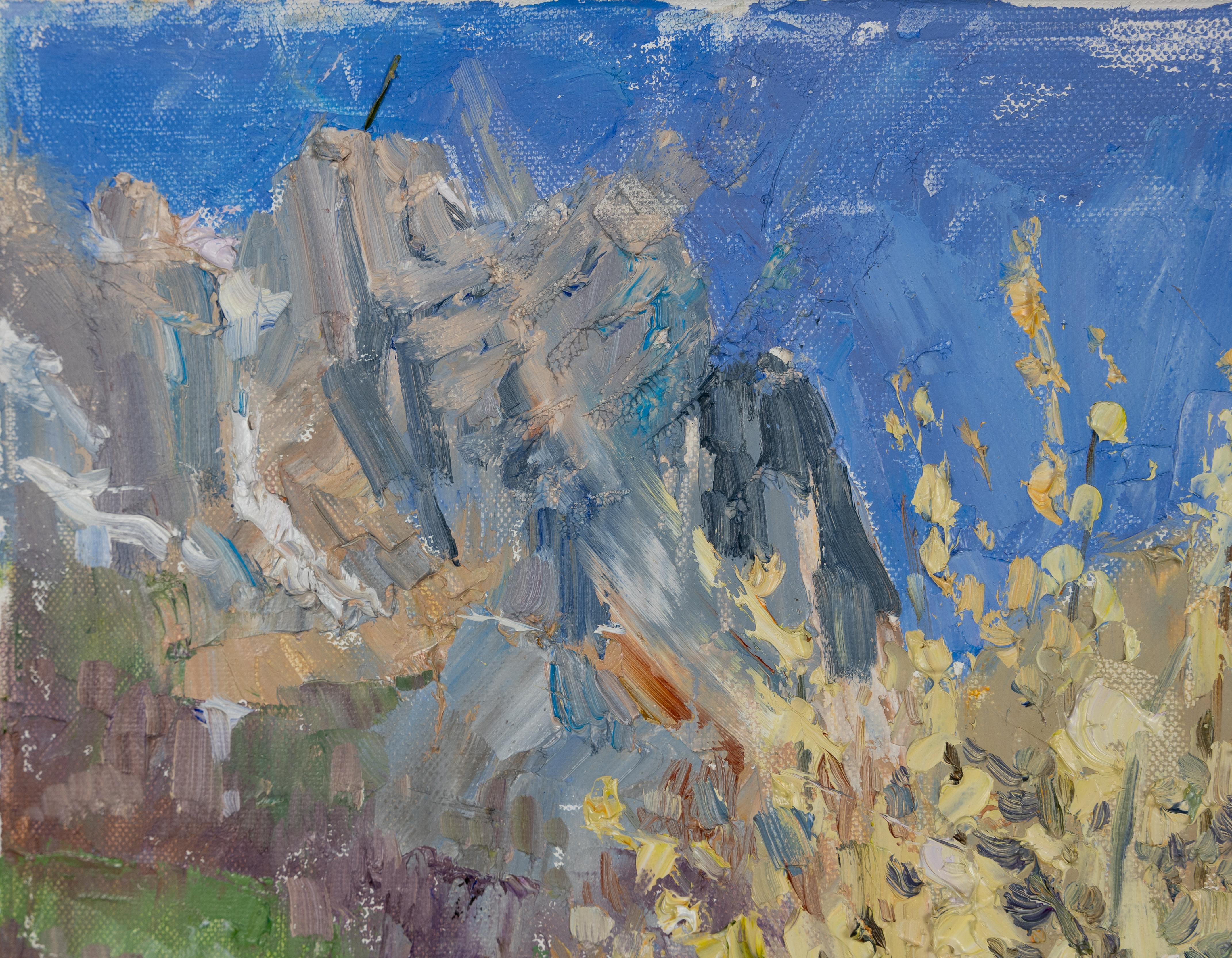 Spring Joy. Vertical landscape, impressionism. Flowers, Mountains, Switzerland im Angebot 2