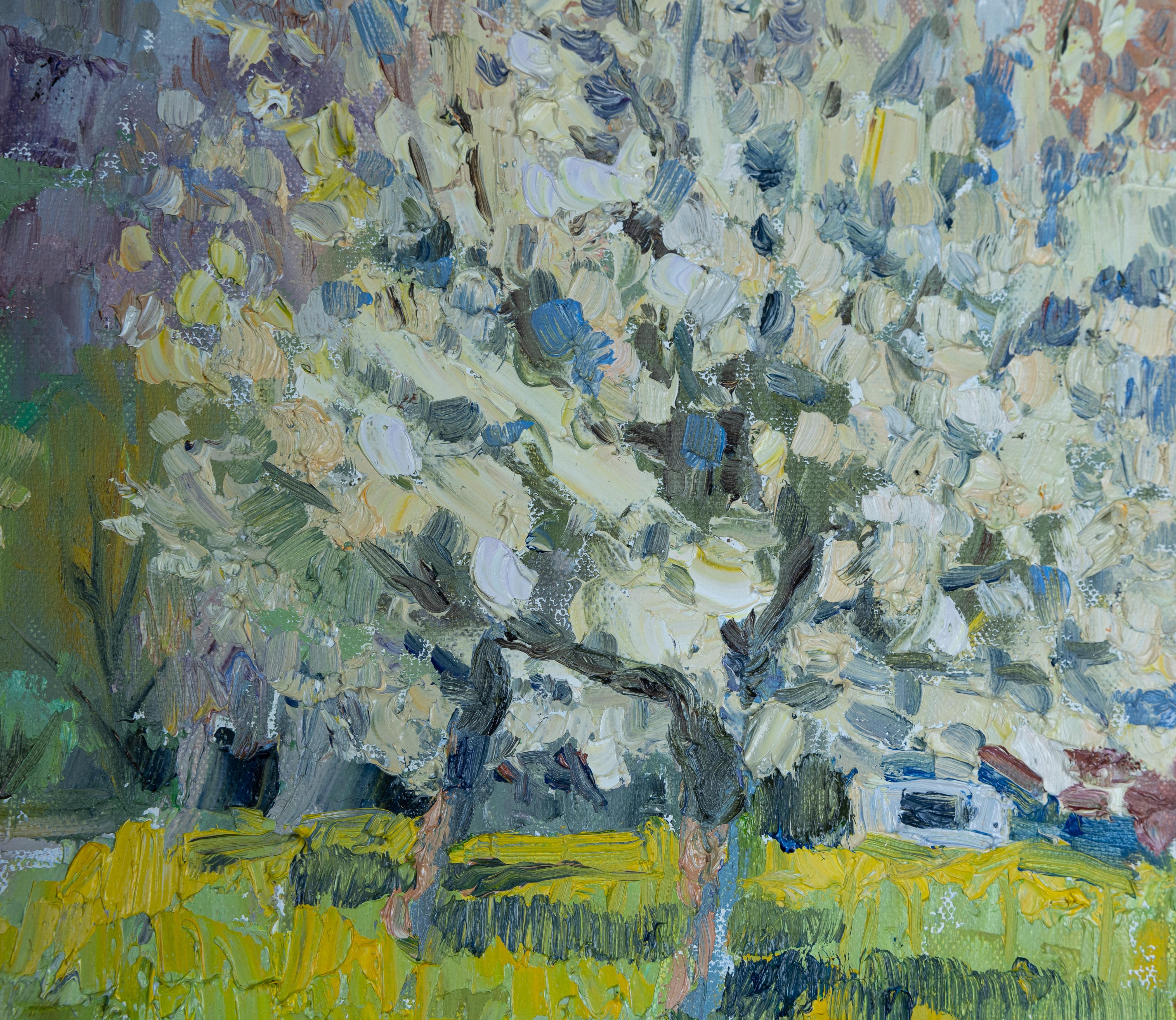 Spring Joy. Vertical landscape, impressionism. Flowers, Mountains, Switzerland im Angebot 3