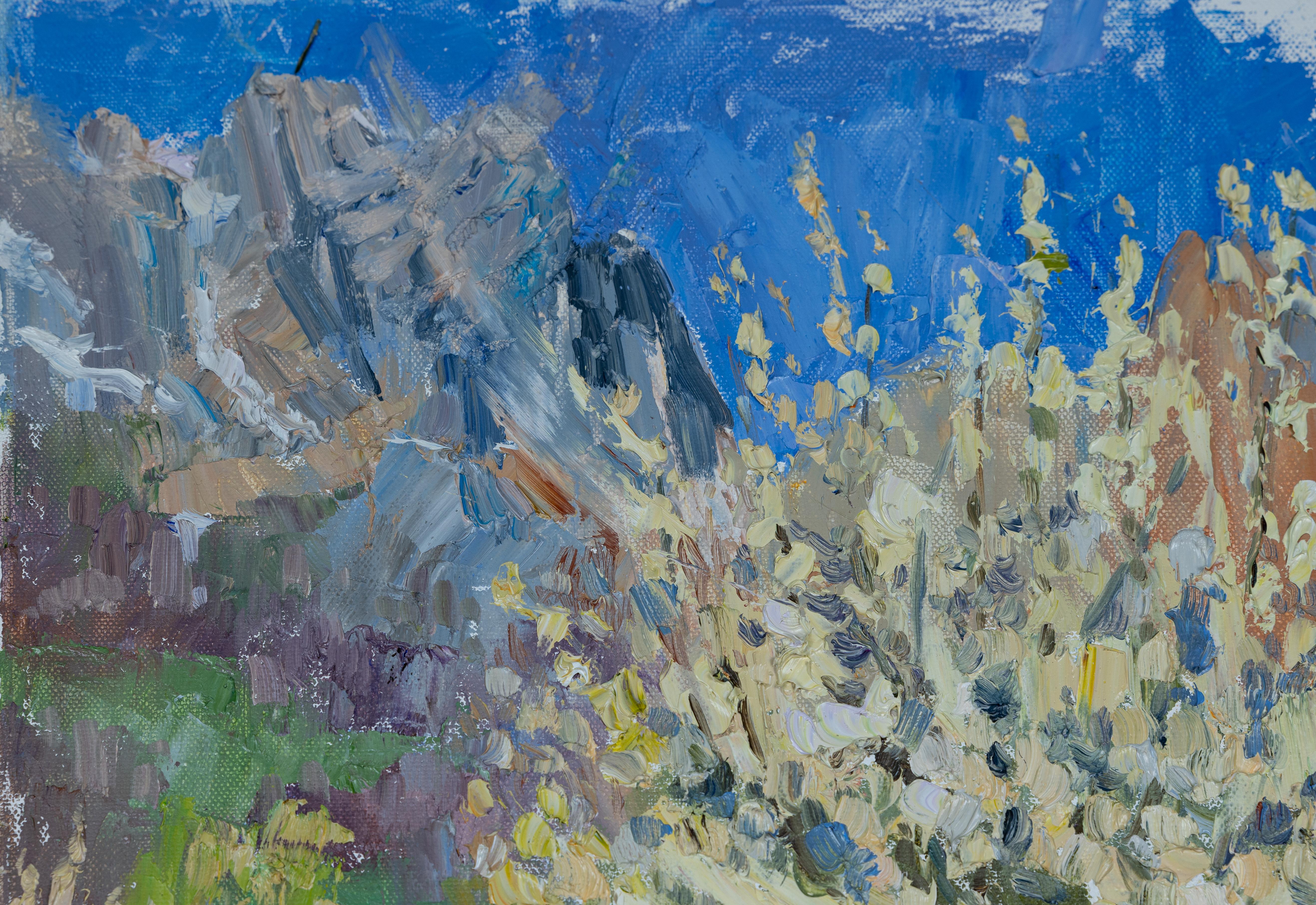 Spring Joy. Vertical landscape, impressionism. Flowers, Mountains, Switzerland im Angebot 4