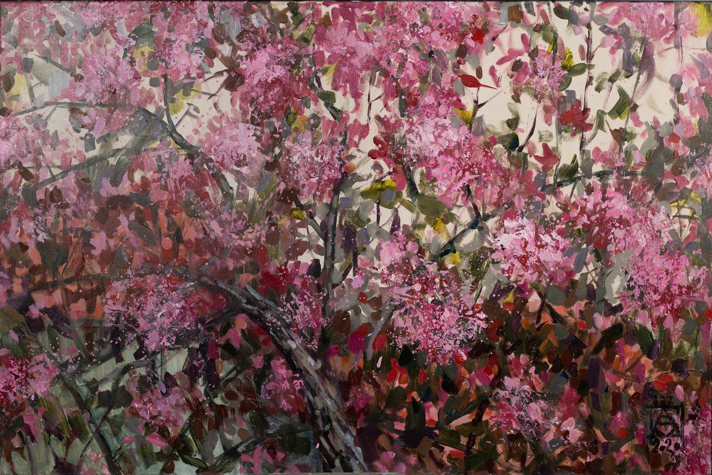 Spring Twitter. Horizontal, floral, pink, impressionism, acrylic painting
