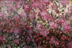 Spring Twitter. Horizontal, floral, pink, impressionism, acrylic painting