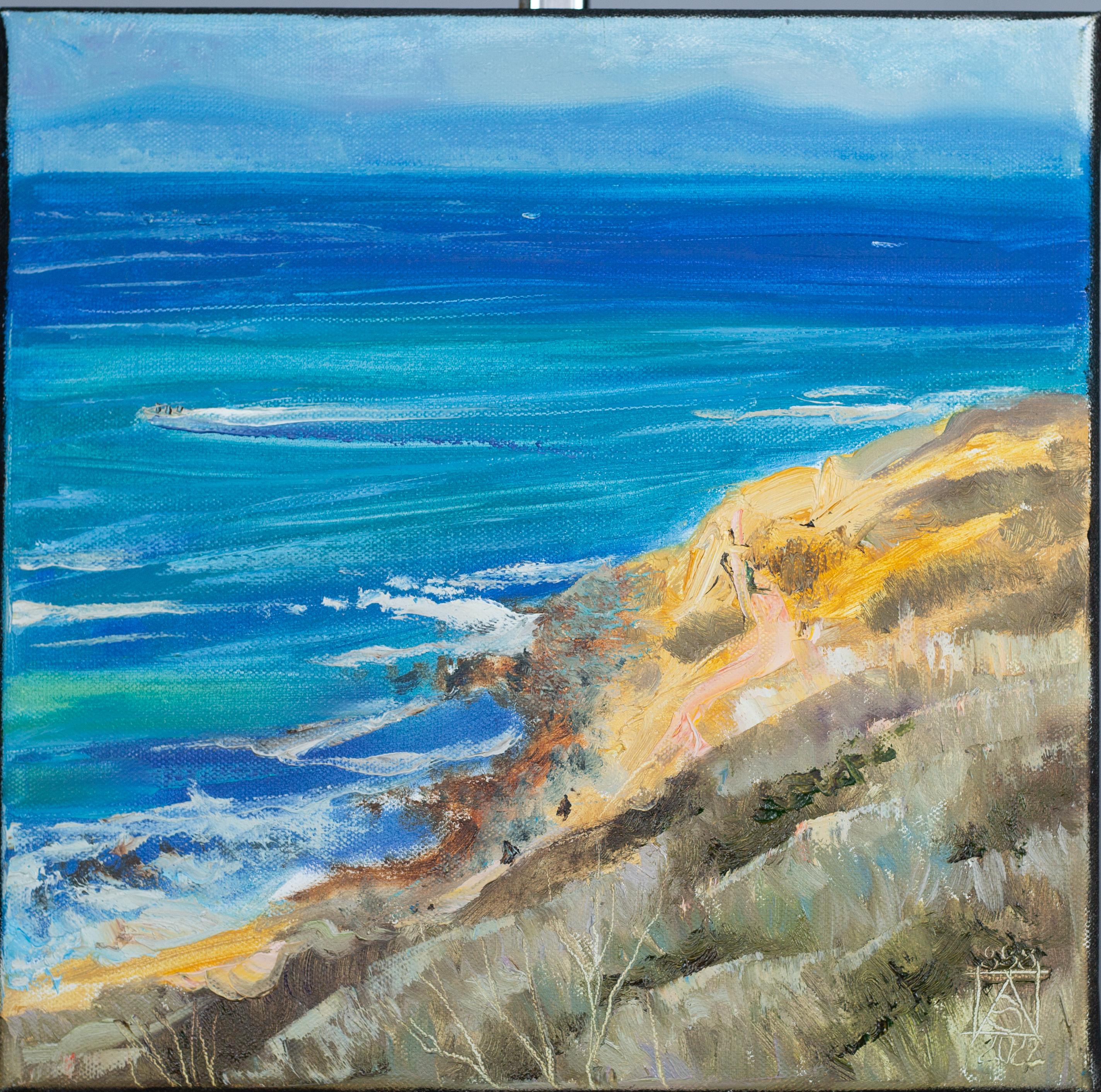 The painting "Steep Banks" is made in oil on canvas measuring 30x30 cm and depicts a picturesque corner on the outskirts of Los Angeles, where the nature of the coast merges with the grandeur of the ocean. The viewer seems to be standing on a light