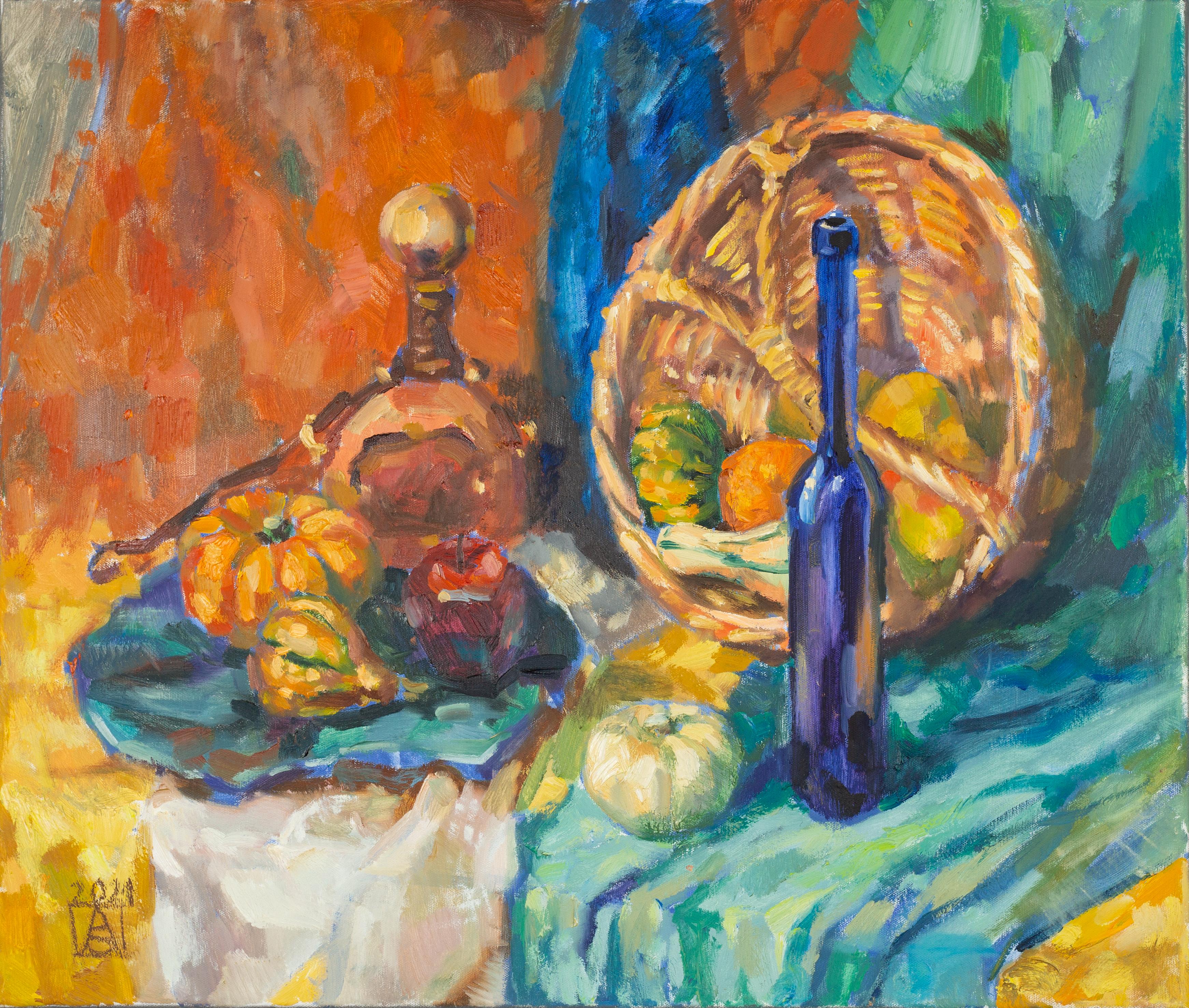 Anna Shesterikova Still-Life Painting - Still Life with a Blue Bottle. Impressionist, oil painting, village, horizontal