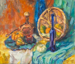 Still Life with a Blue Bottle. Impressionist, oil painting, village, horizontal