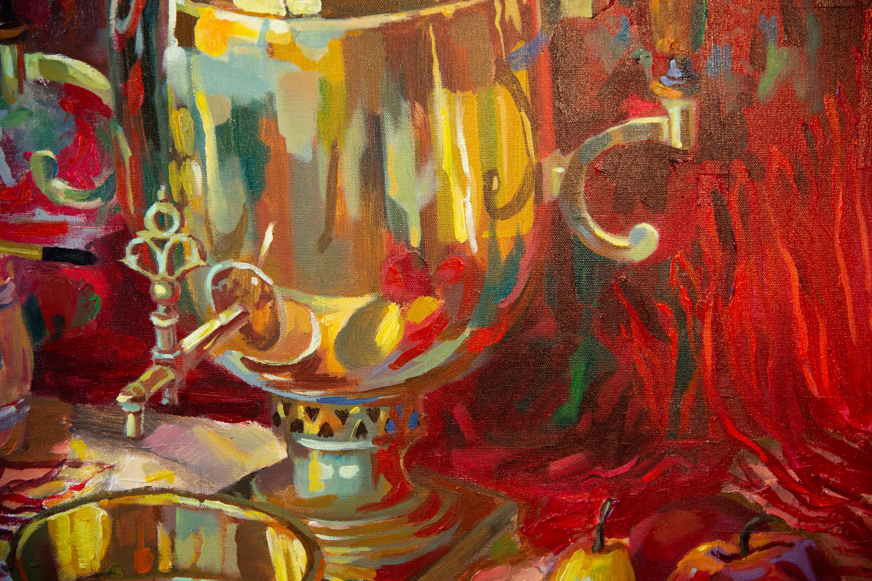 Still Life With a Samovar. Square, red, fruits, still life, impressionism For Sale 5