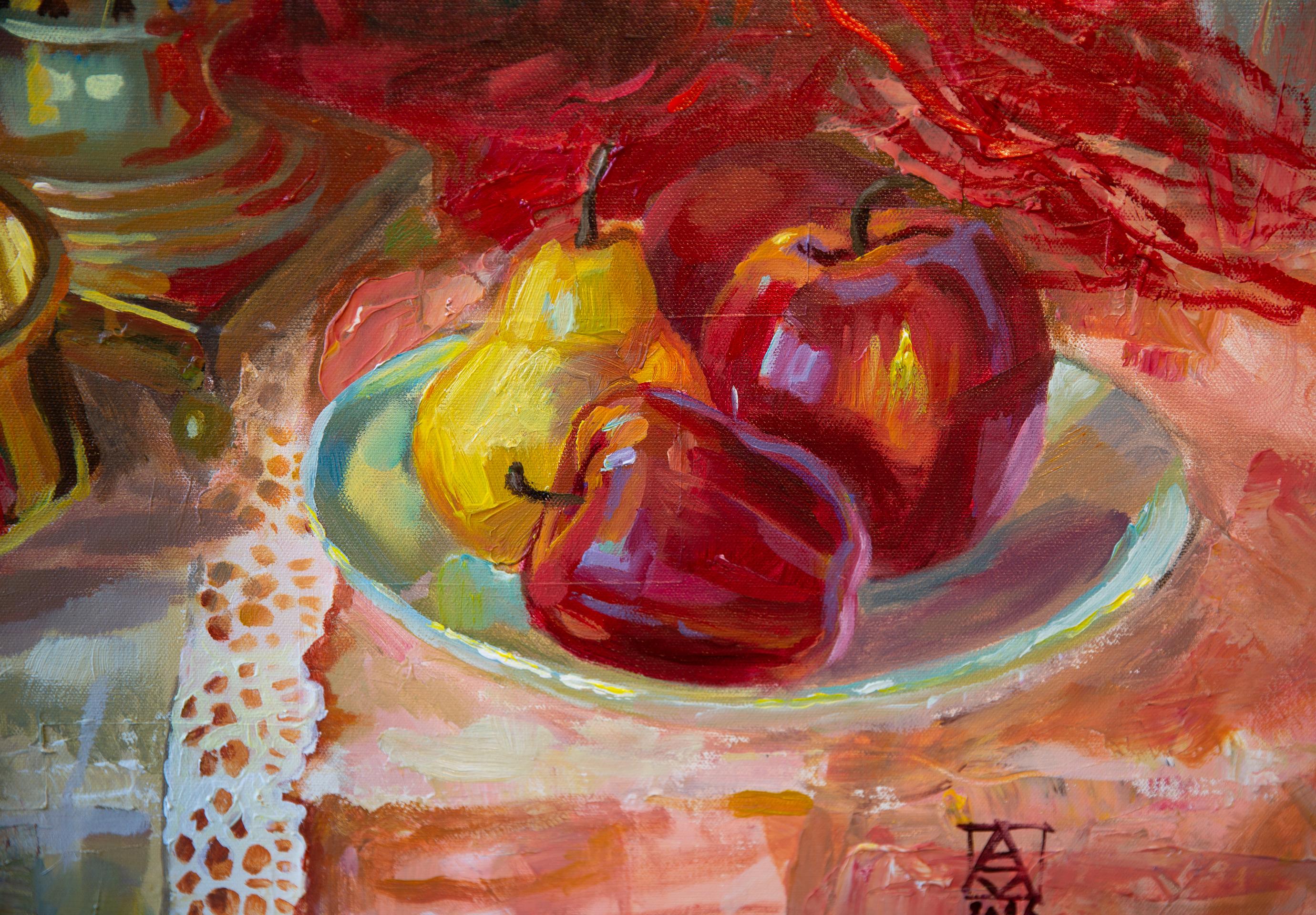 Still Life With a Samovar. Square, red, fruits, still life, impressionism For Sale 6