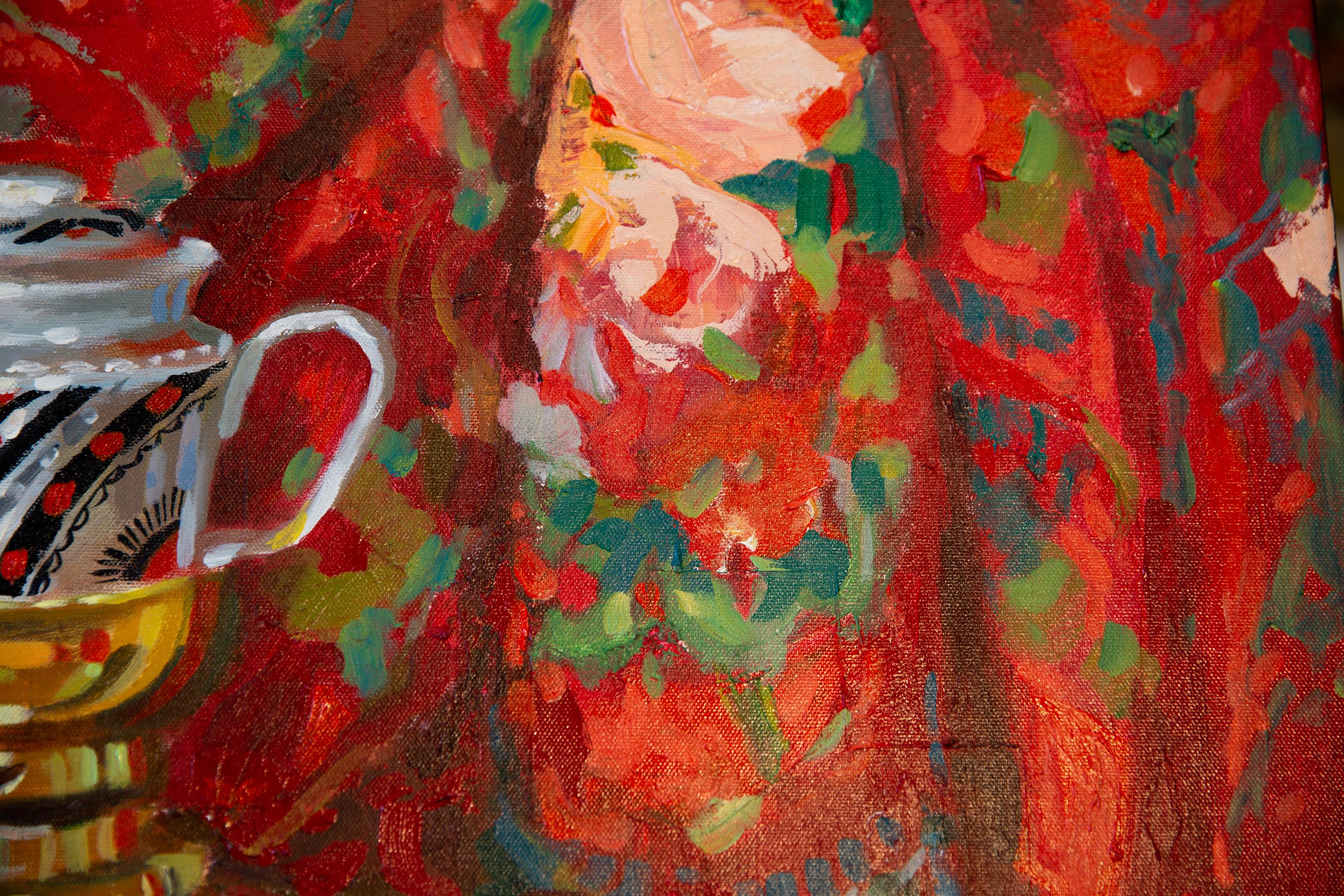 Still Life With a Samovar. Square, red, fruits, still life, impressionism For Sale 7