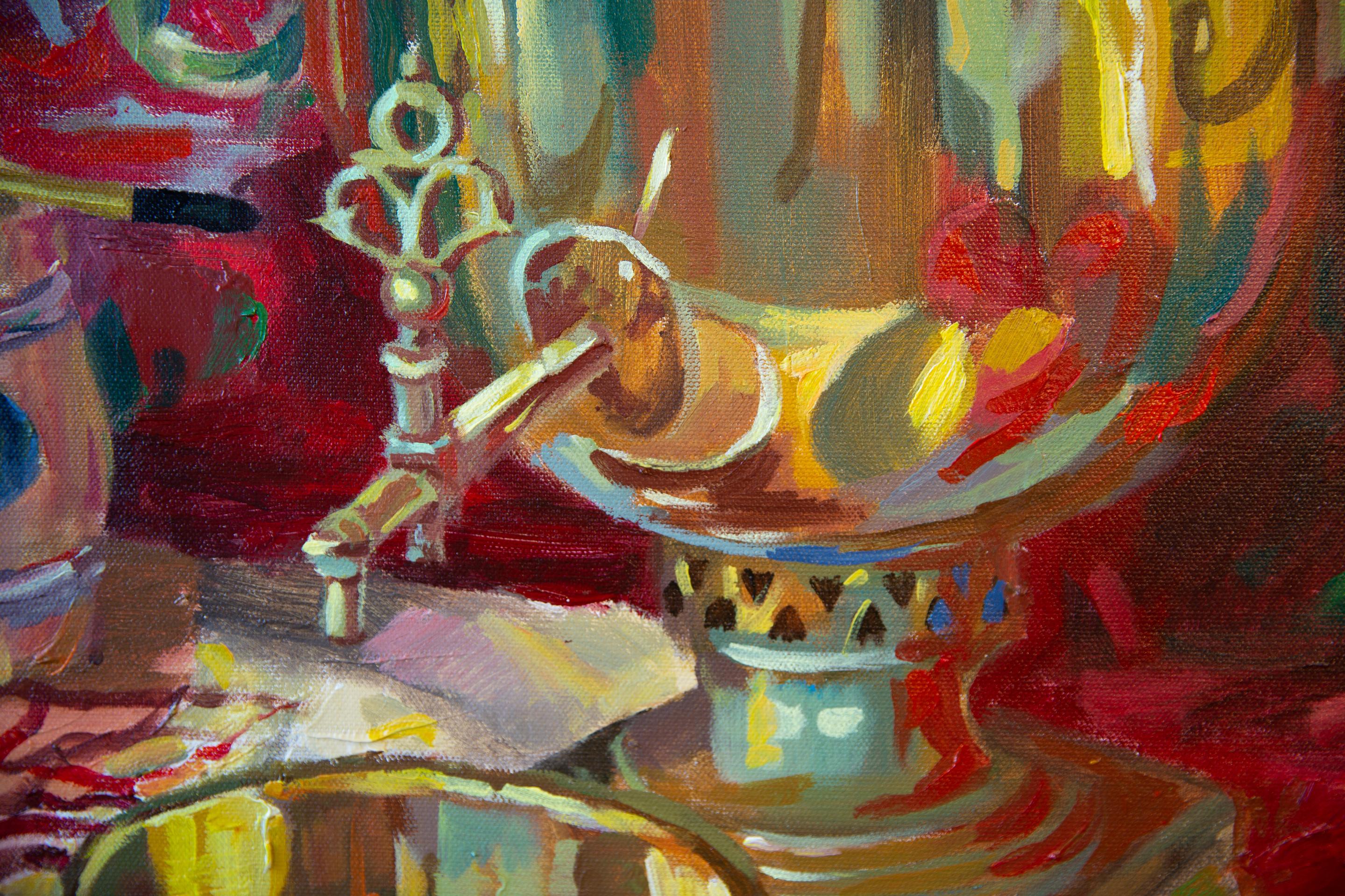 Still Life With a Samovar. Square, red, fruits, still life, impressionism For Sale 8
