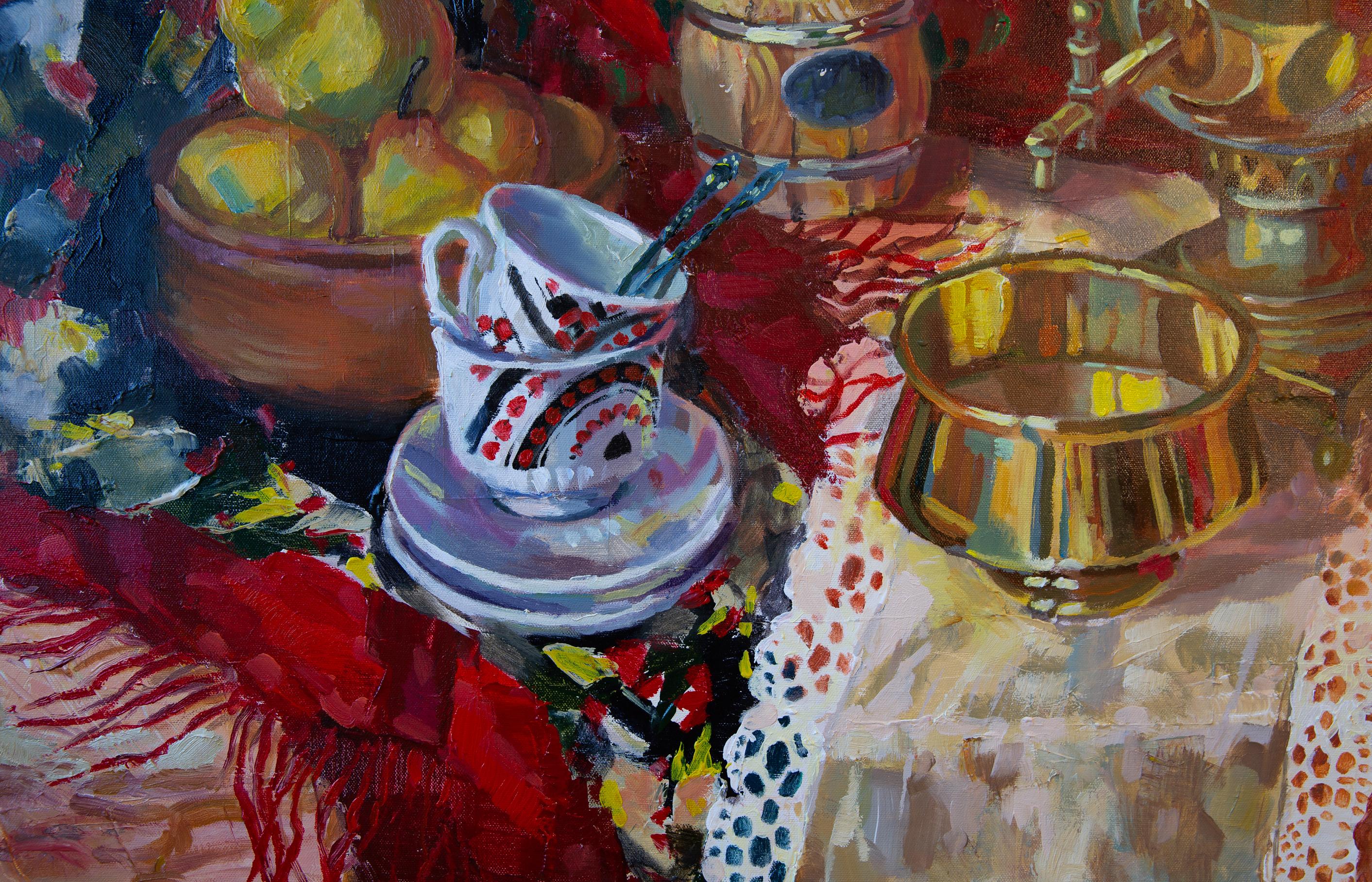 Still Life With a Samovar. Square, red, fruits, still life, impressionism For Sale 10