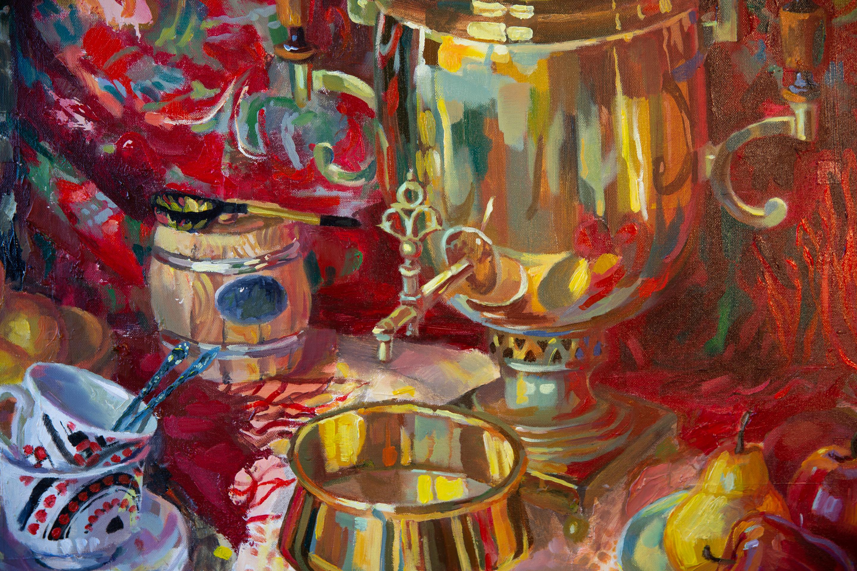 Still Life With a Samovar. Square, red, fruits, still life, impressionism For Sale 11