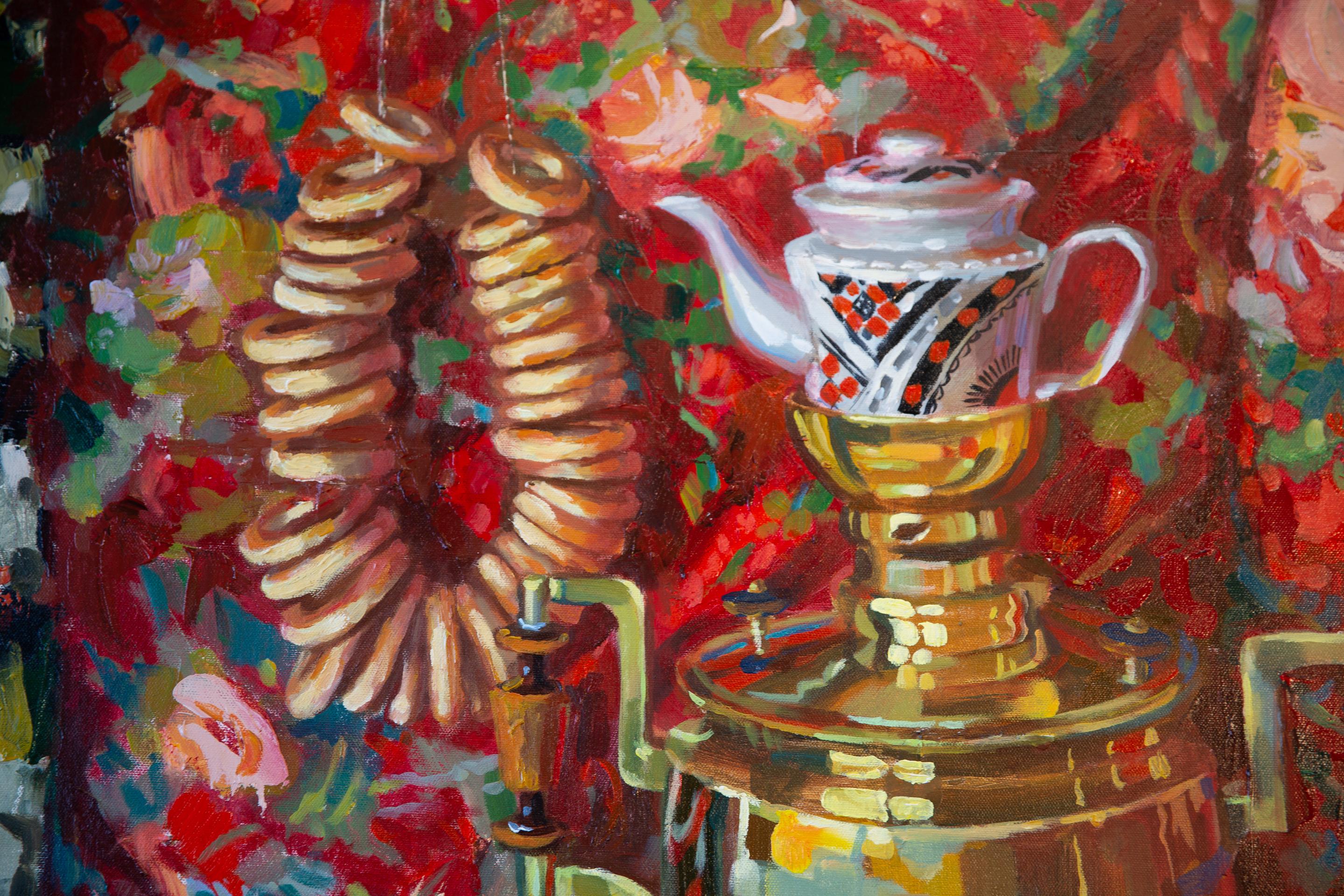 Still Life With a Samovar. Square, red, fruits, still life, impressionism For Sale 12