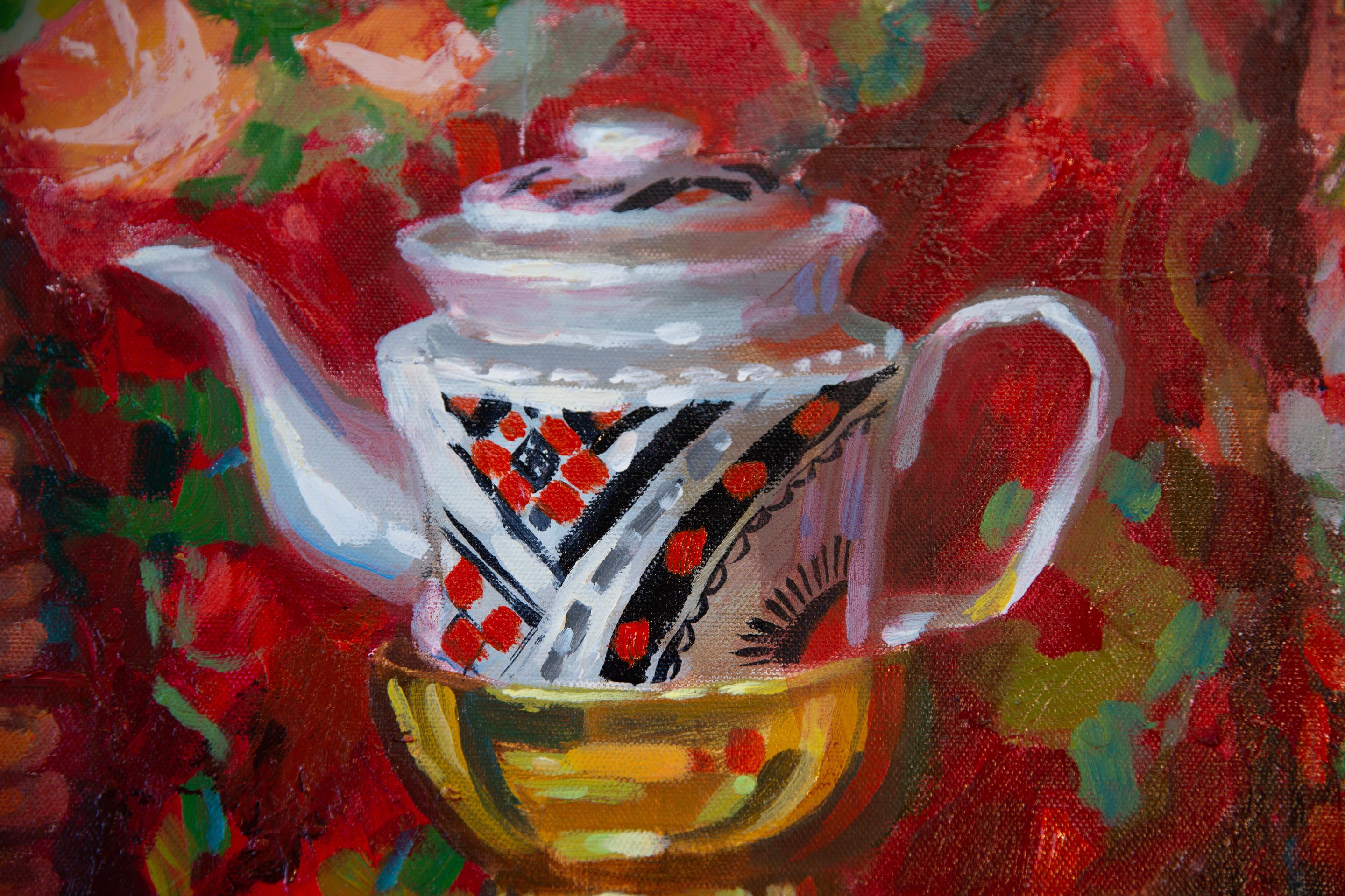 Still Life With a Samovar. Square, red, fruits, still life, impressionism For Sale 14
