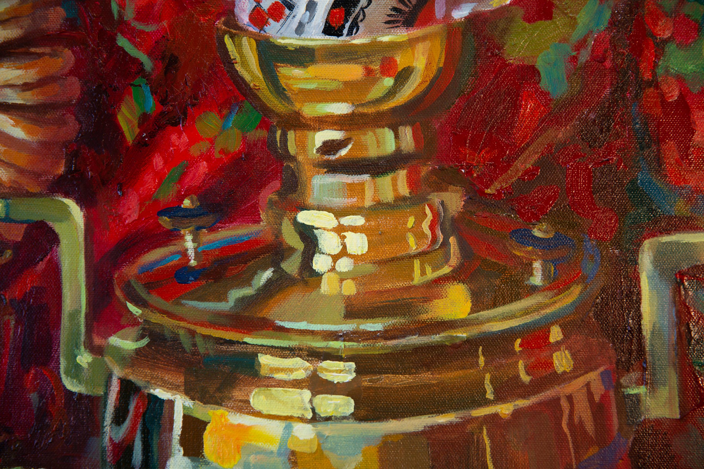 Still Life With a Samovar. Square, red, fruits, still life, impressionism For Sale 15