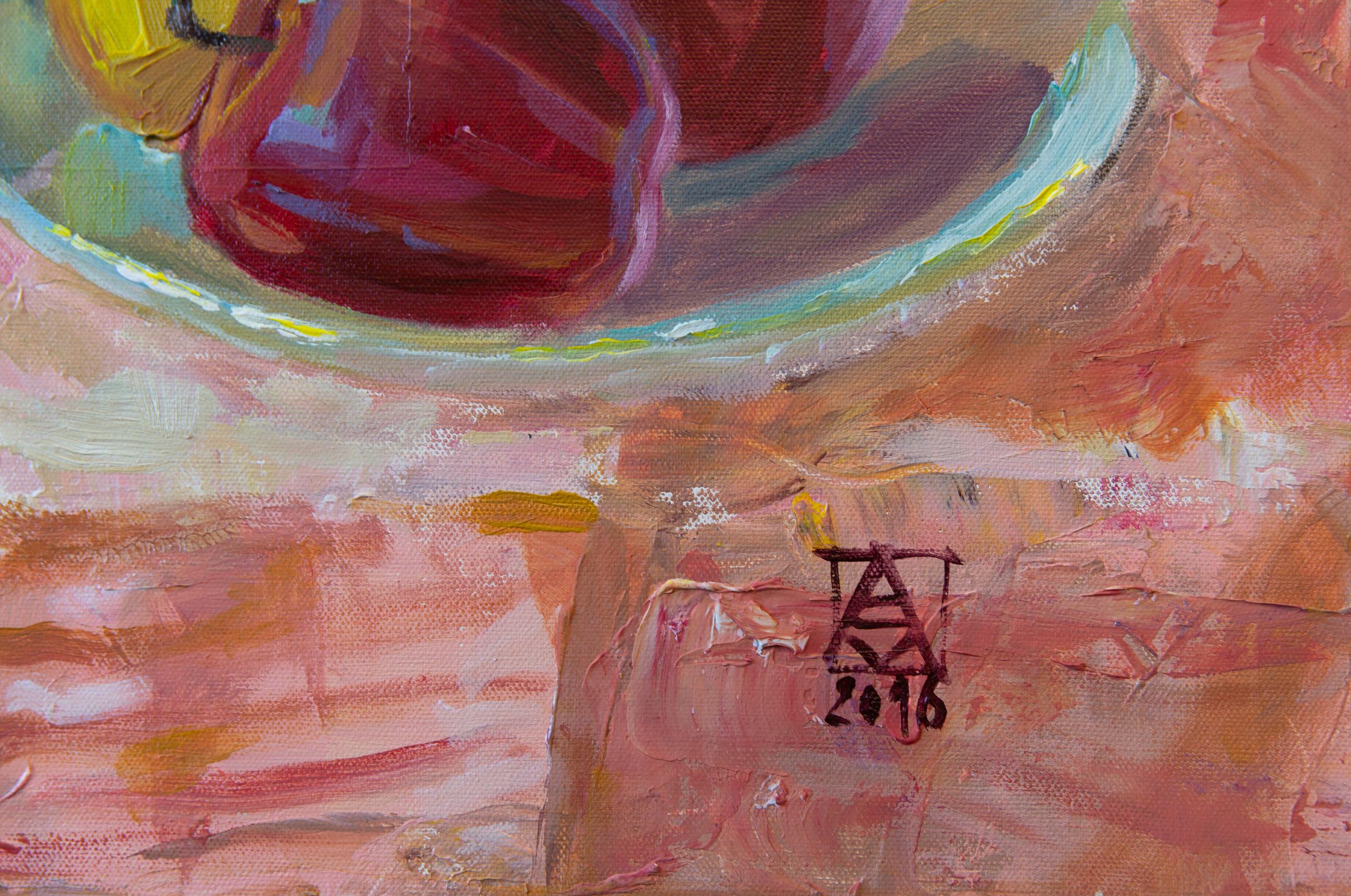 Stillleben mit einem Samovar. Quadratisch, rot, Früchte, Stillleben, Impressionismus (Braun), Still-Life Painting, von Anna Shesterikova