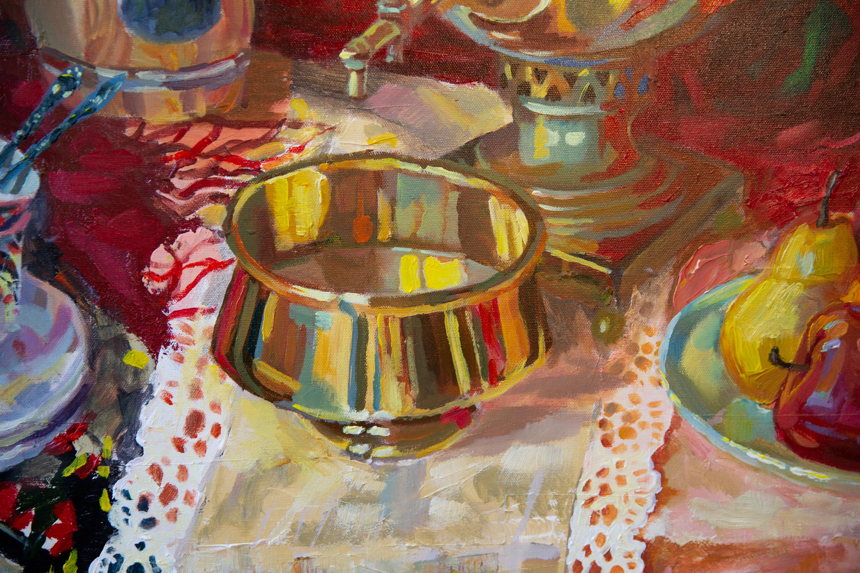 The still life with a samovar was painted in the studio. It shows a real 19th century Russian samovar, real Russian bagels and Russian scarves. This image will be appreciated by connoisseurs of truly Russian art and traditions.

The painting is
