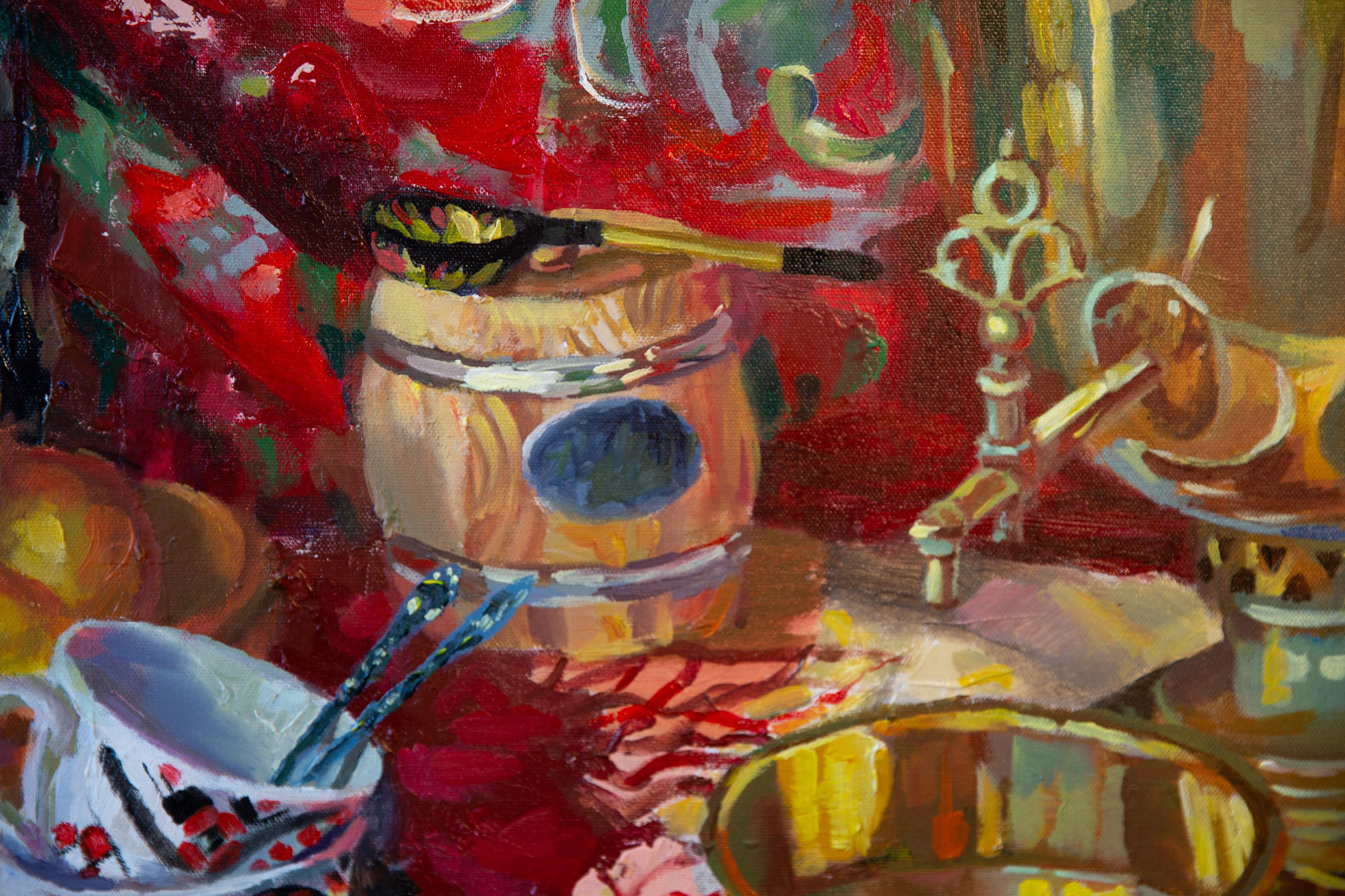 Still Life With a Samovar. Square, red, fruits, still life, impressionism For Sale 1
