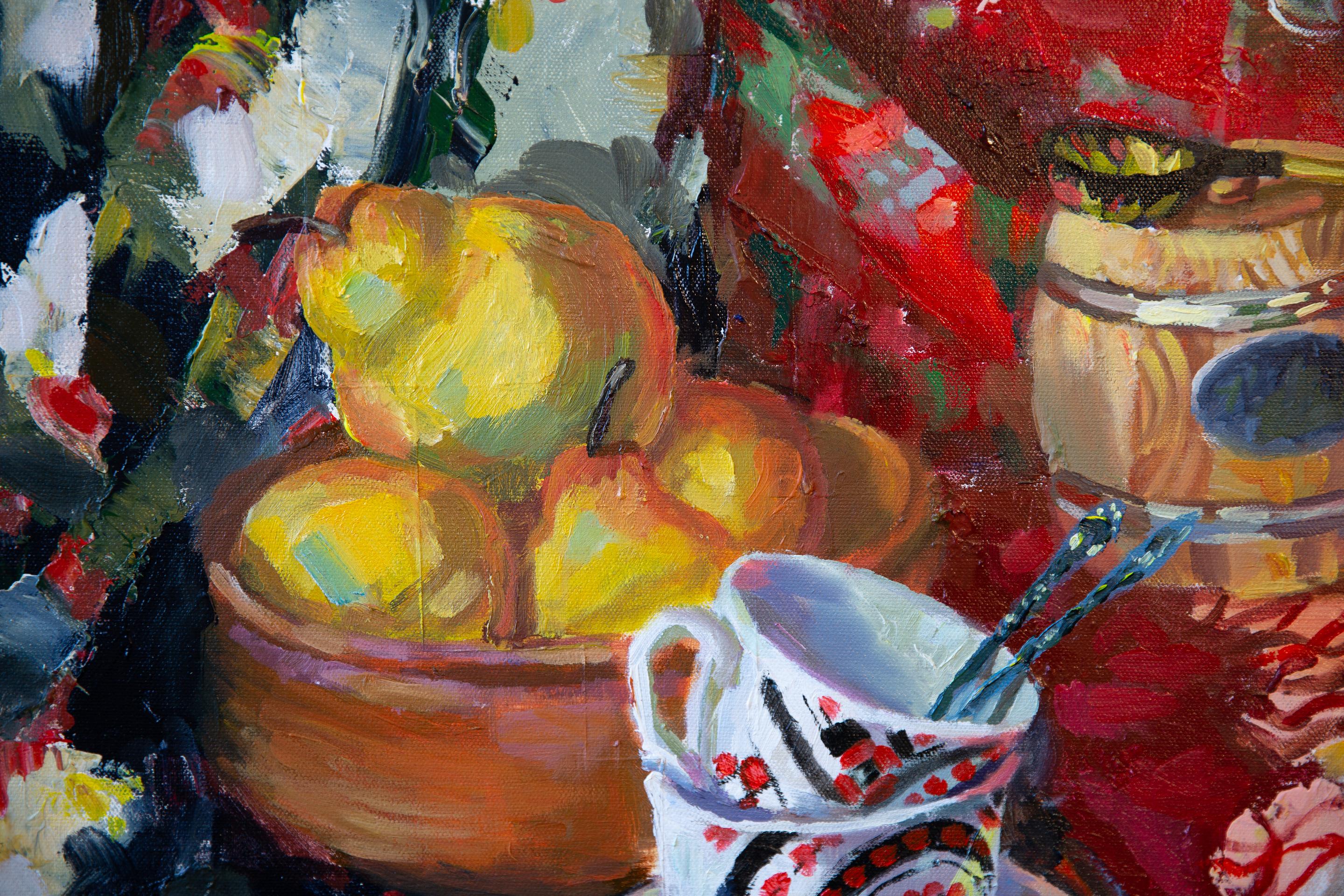 Still Life With a Samovar. Square, red, fruits, still life, impressionism For Sale 2
