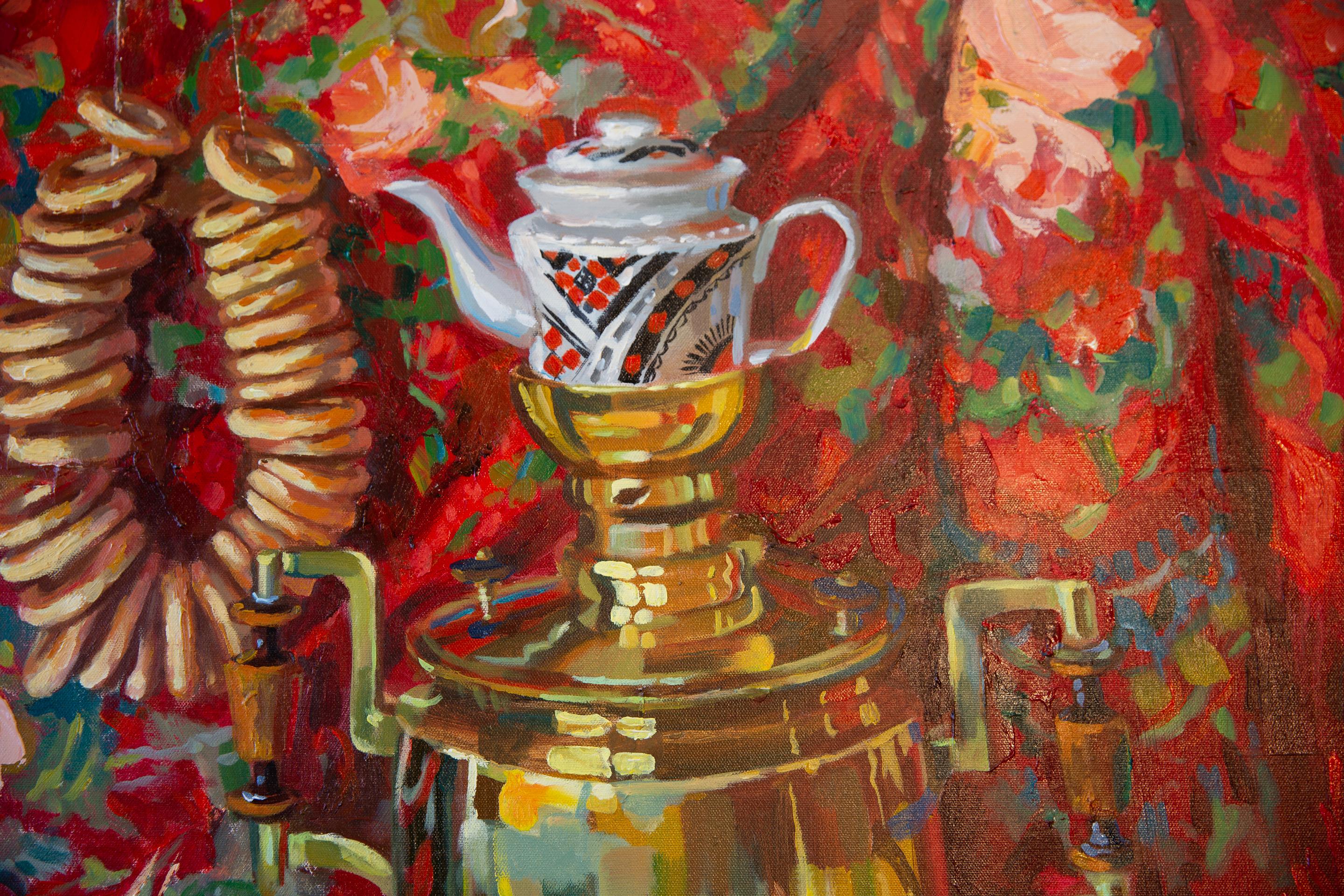 Still Life With a Samovar. Square, red, fruits, still life, impressionism For Sale 4