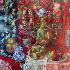 Still Life With a Samovar. Square, red, fruits, still life, impressionism