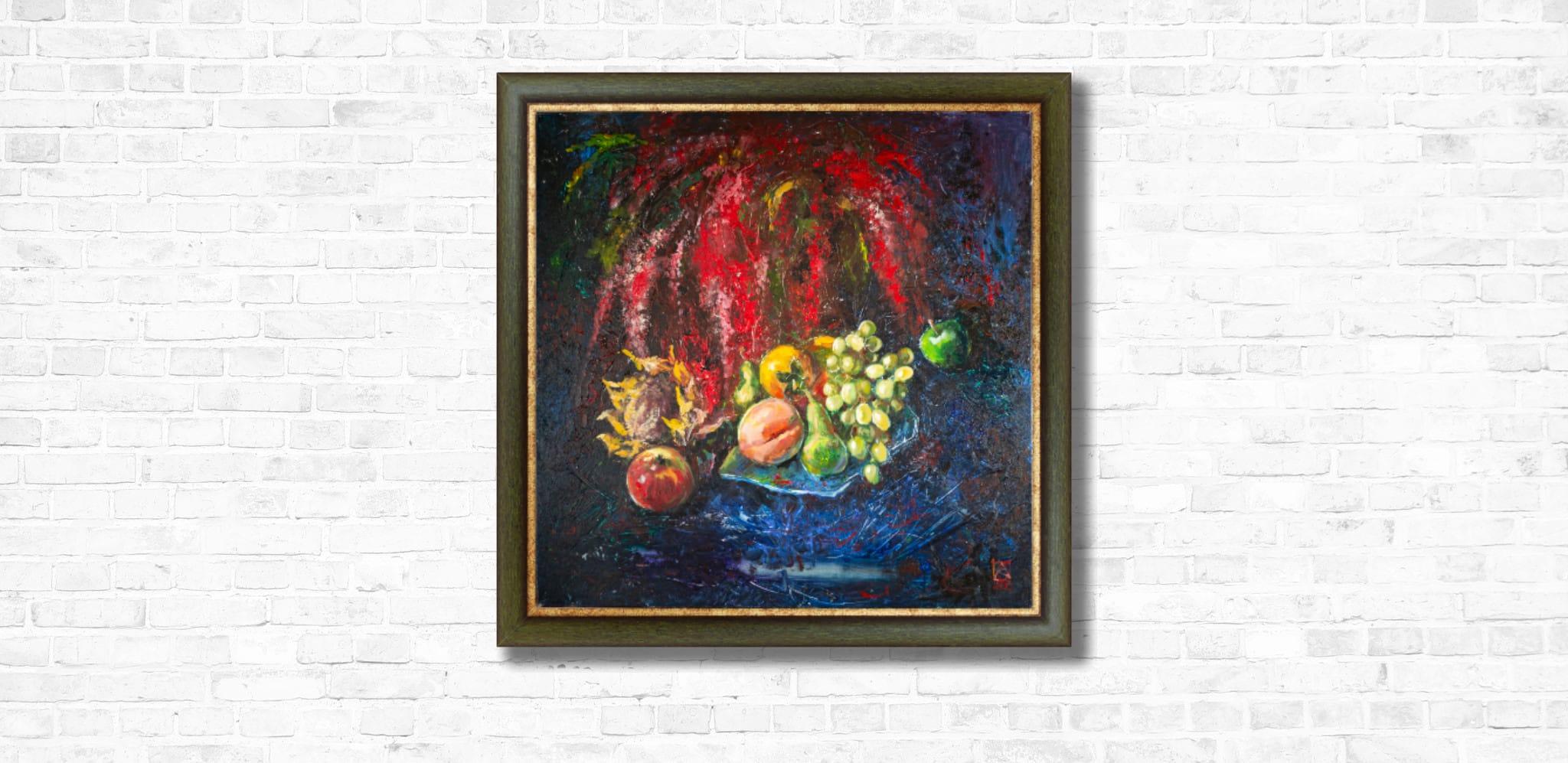 Still Life With Amaranth. Acrylic painting, large square format, flowers, fruits For Sale 5