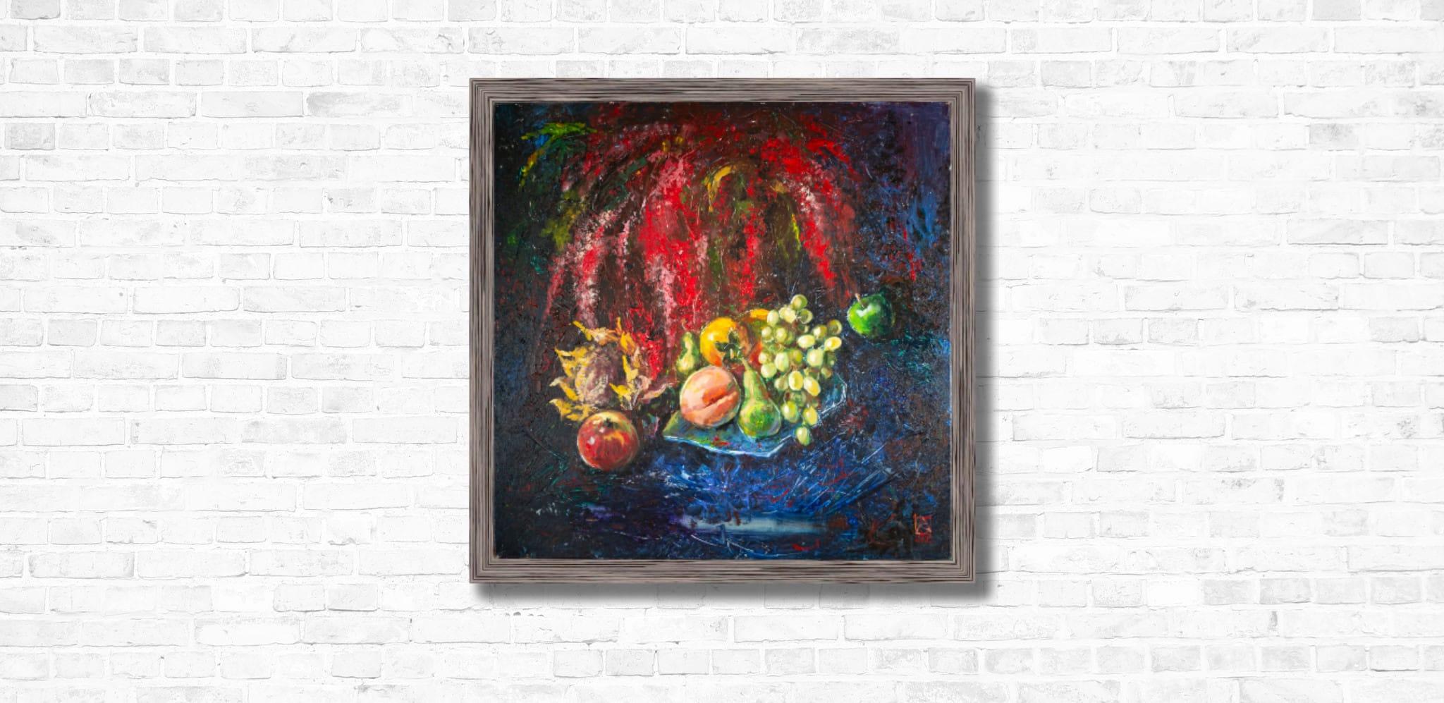 Still Life With Amaranth. Acrylic painting, large square format, flowers, fruits For Sale 6