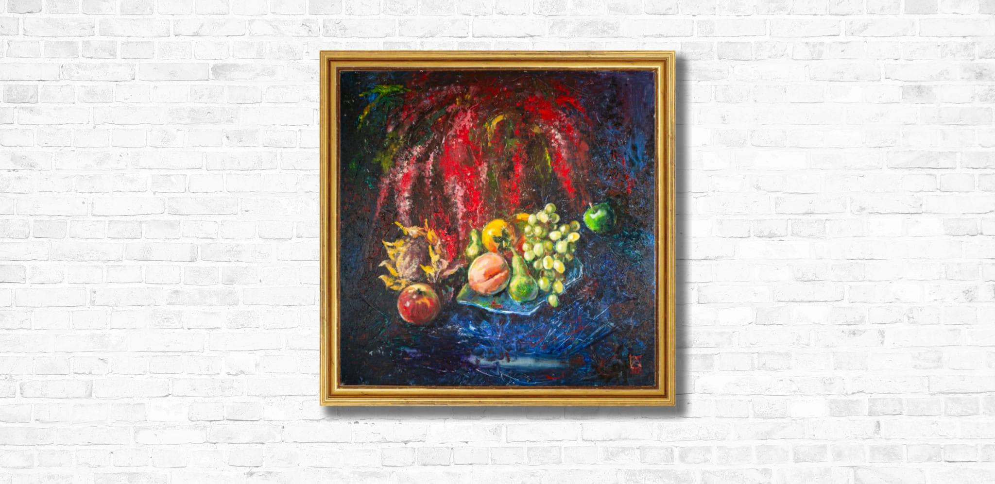 Still Life With Amaranth. Acrylic painting, large square format, flowers, fruits For Sale 7