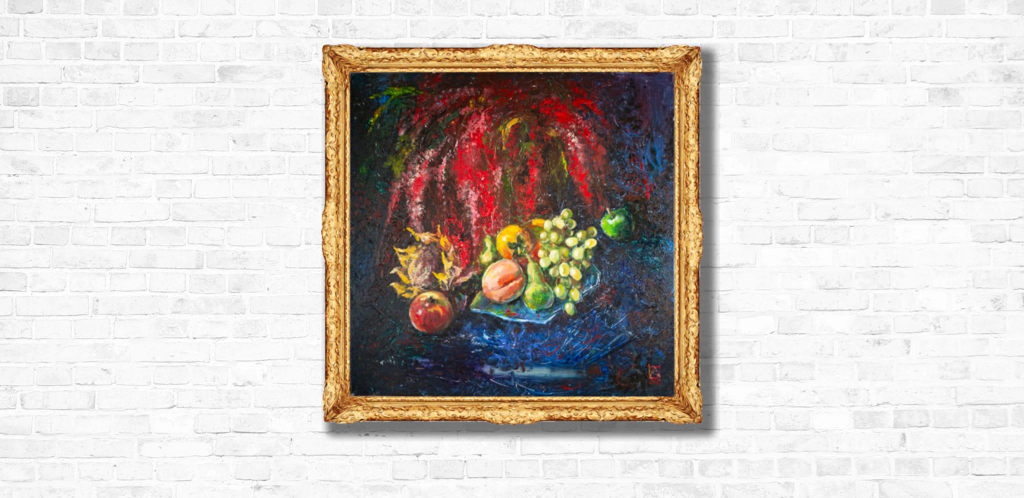 Still Life With Amaranth. Acrylic painting, large square format, flowers, fruits For Sale 8