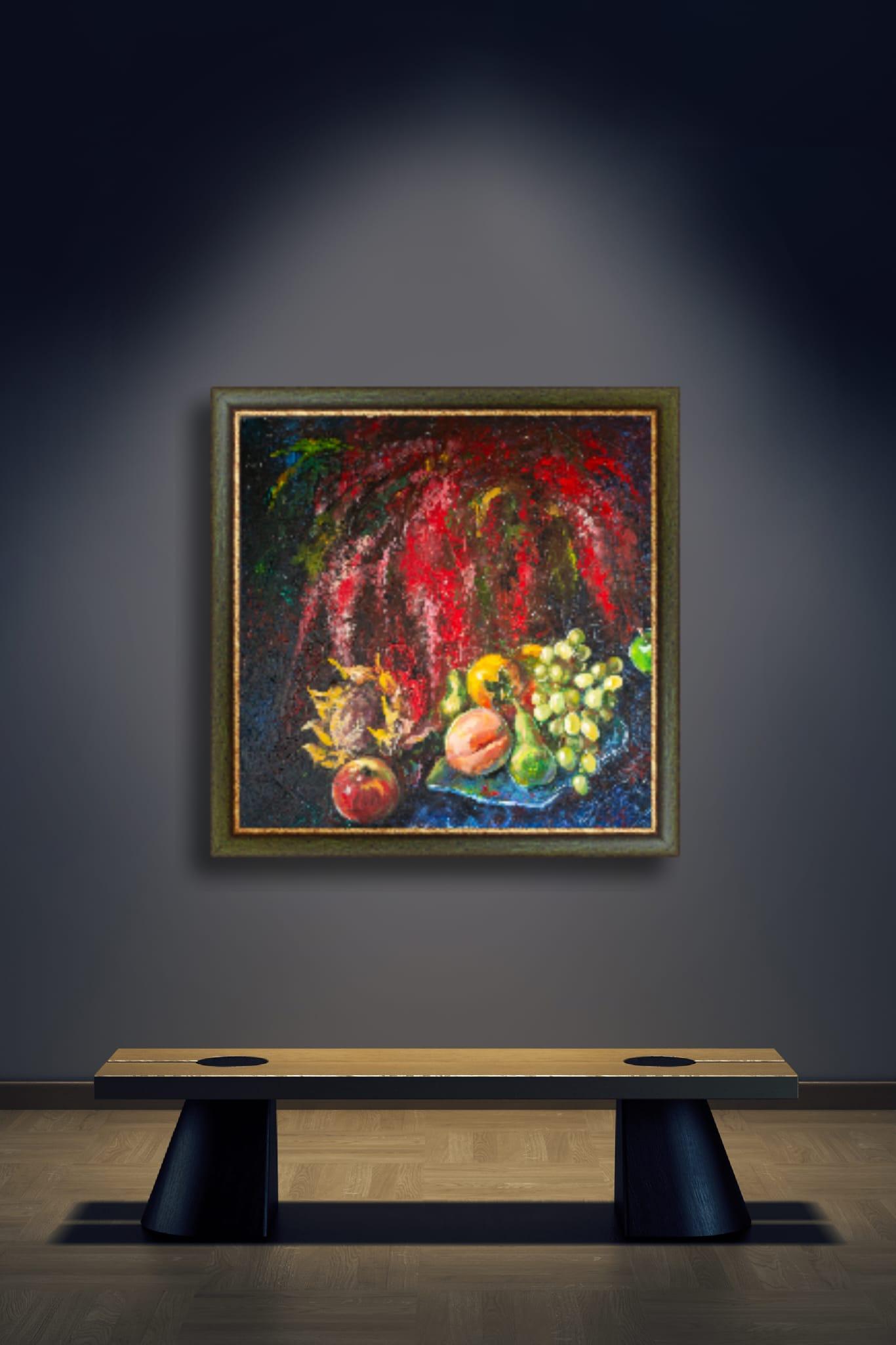 Still Life With Amaranth. Acrylic painting, large square format, flowers, fruits For Sale 9