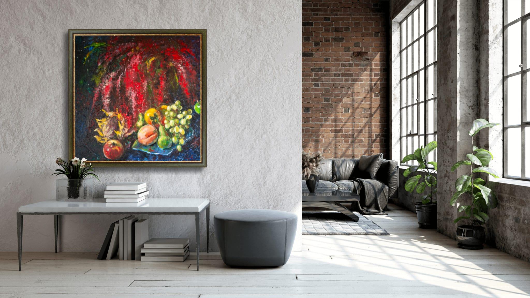 Still Life With Amaranth. Acrylic painting, large square format, flowers, fruits For Sale 11