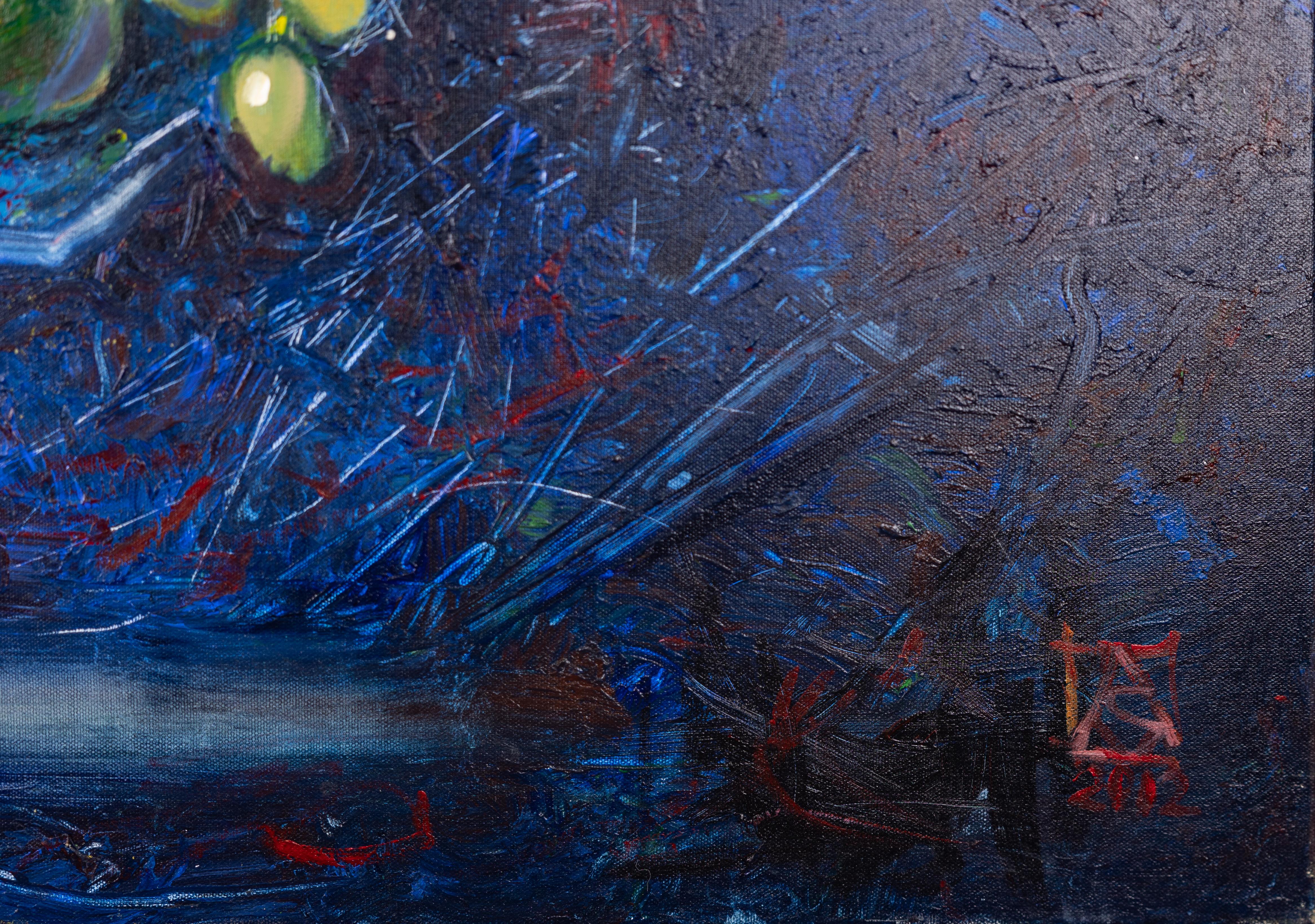 Still Life With Amaranth. Acrylic painting, large square format, flowers, fruits - Post-Impressionist Painting by Anna Shesterikova