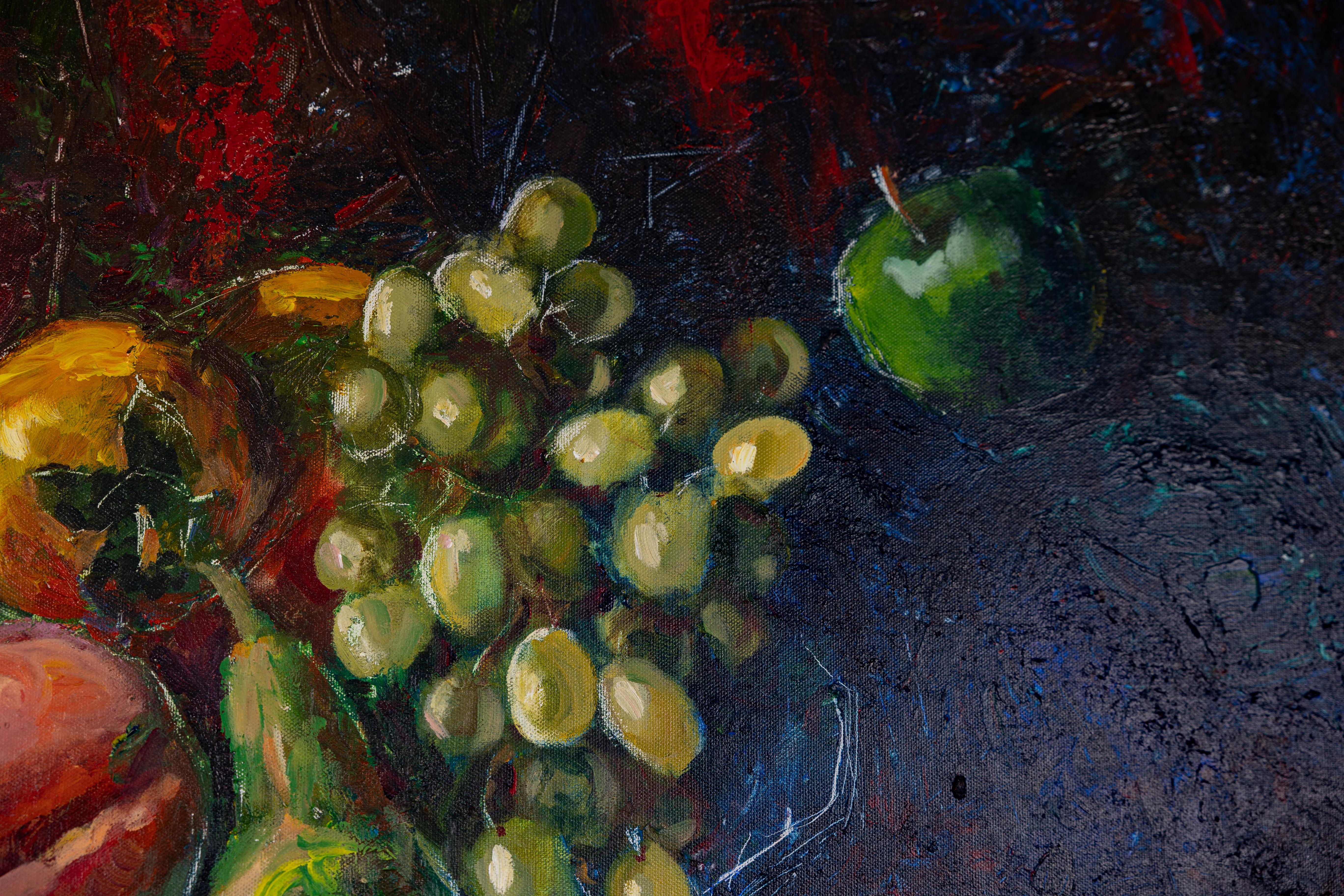 Still Life With Amaranth. Acrylic painting, large square format, flowers, fruits - Black Still-Life Painting by Anna Shesterikova