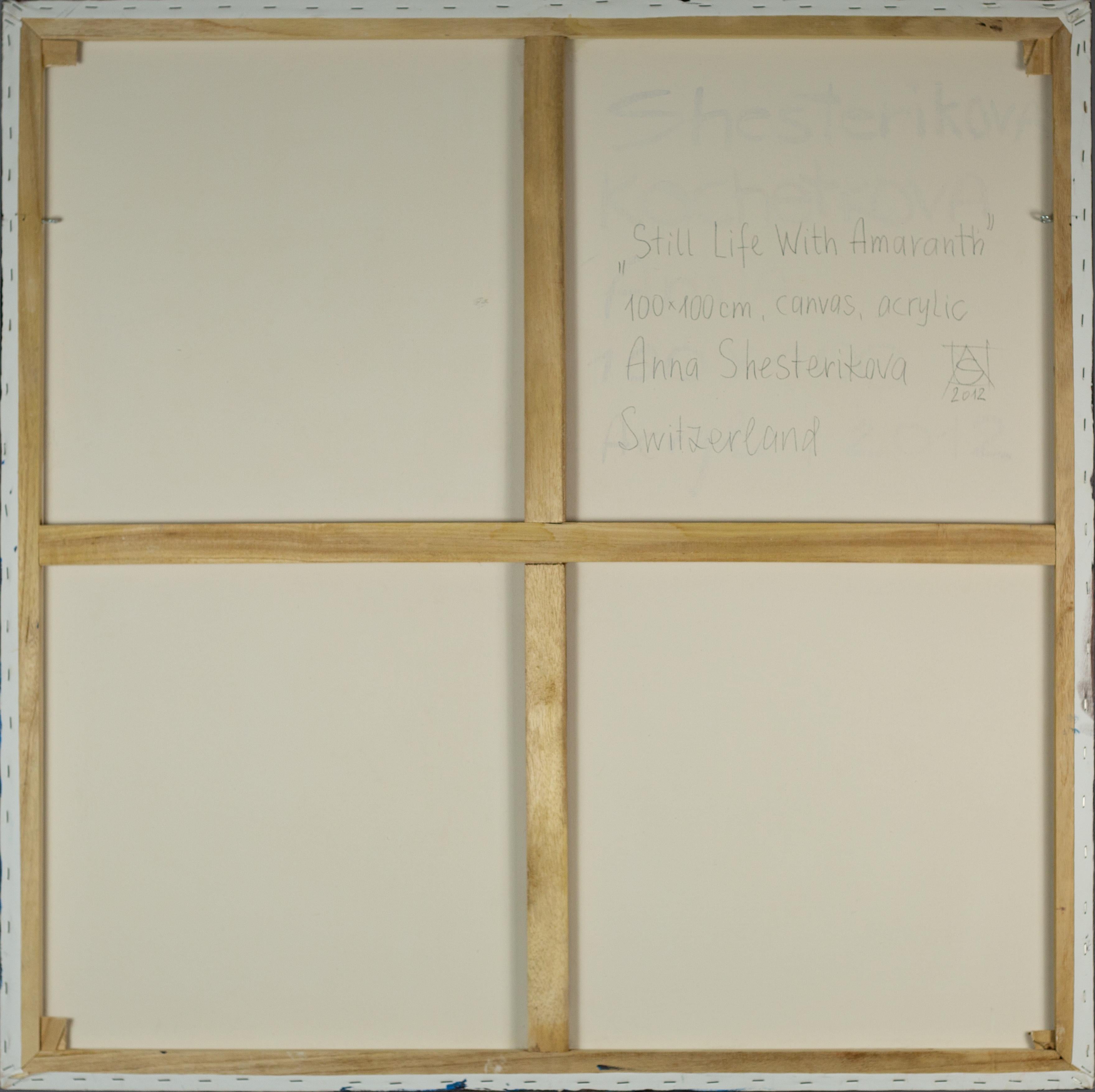 Still Life With Amaranth. Acrylic painting, large square format, flowers, fruits For Sale 3