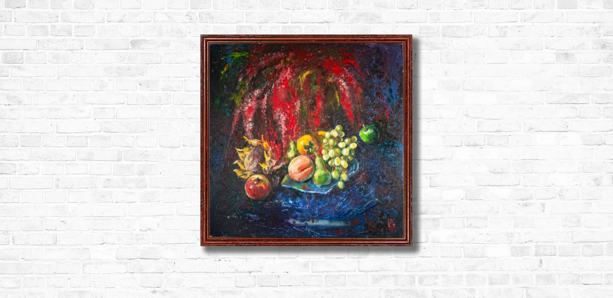 Still Life With Amaranth. Acrylic painting, large square format, flowers, fruits For Sale 4