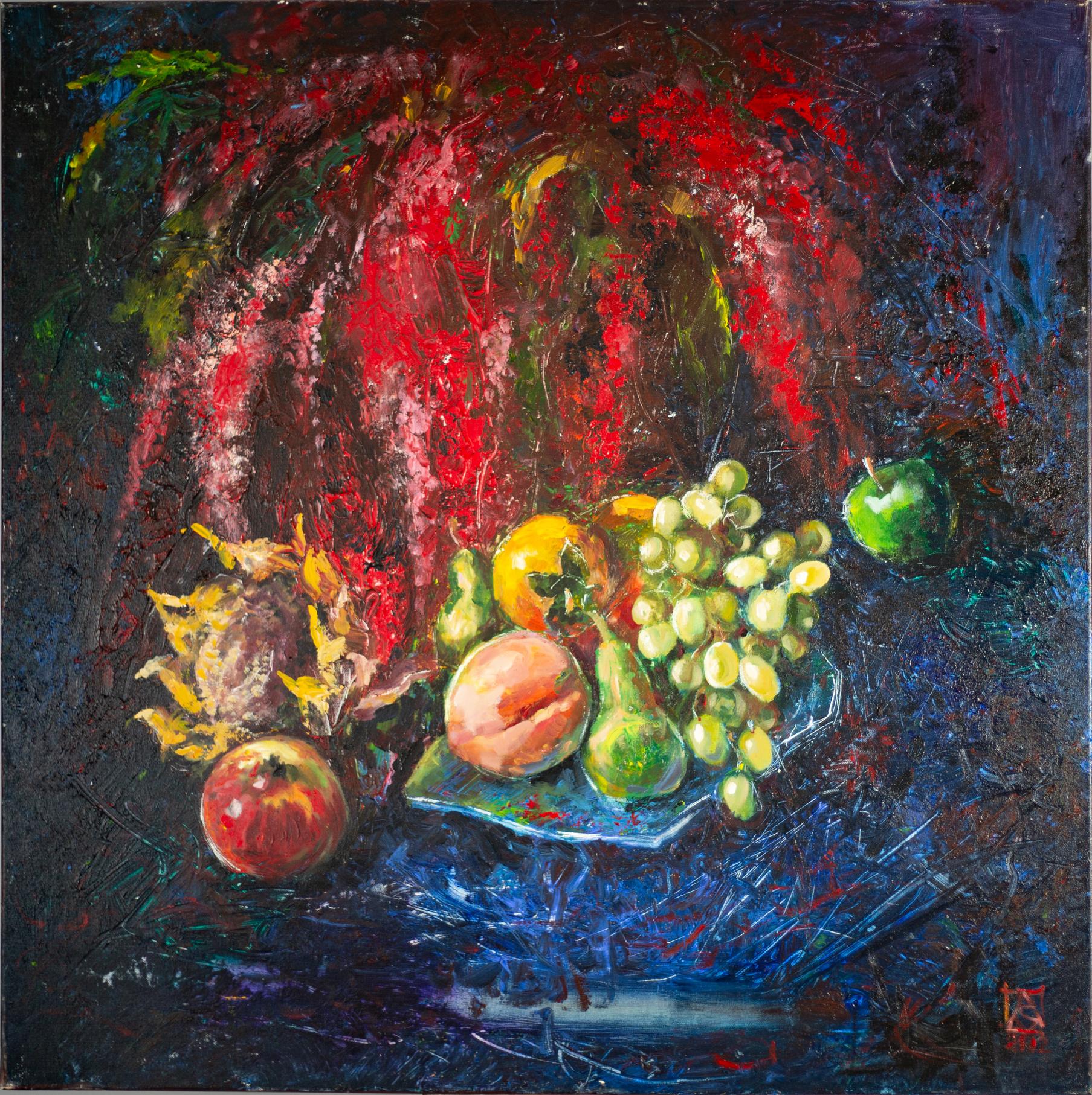 Anna Shesterikova Still-Life Painting - Still Life With Amaranth. Acrylic painting, large square format, flowers, fruits