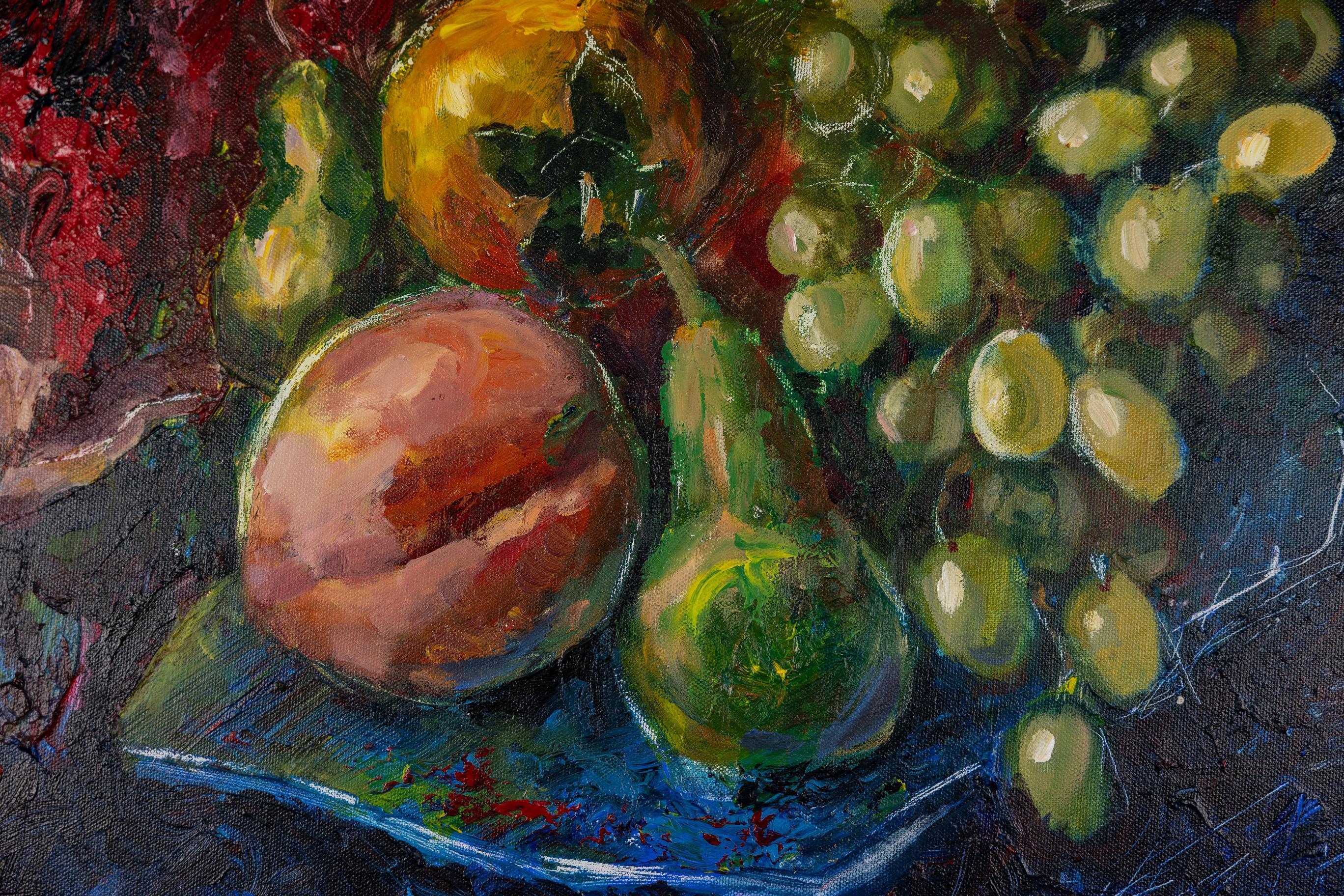 Natura morta con amaranto. Pittura acrilica, grande formato quadrato, fiori, frutta in vendita 1