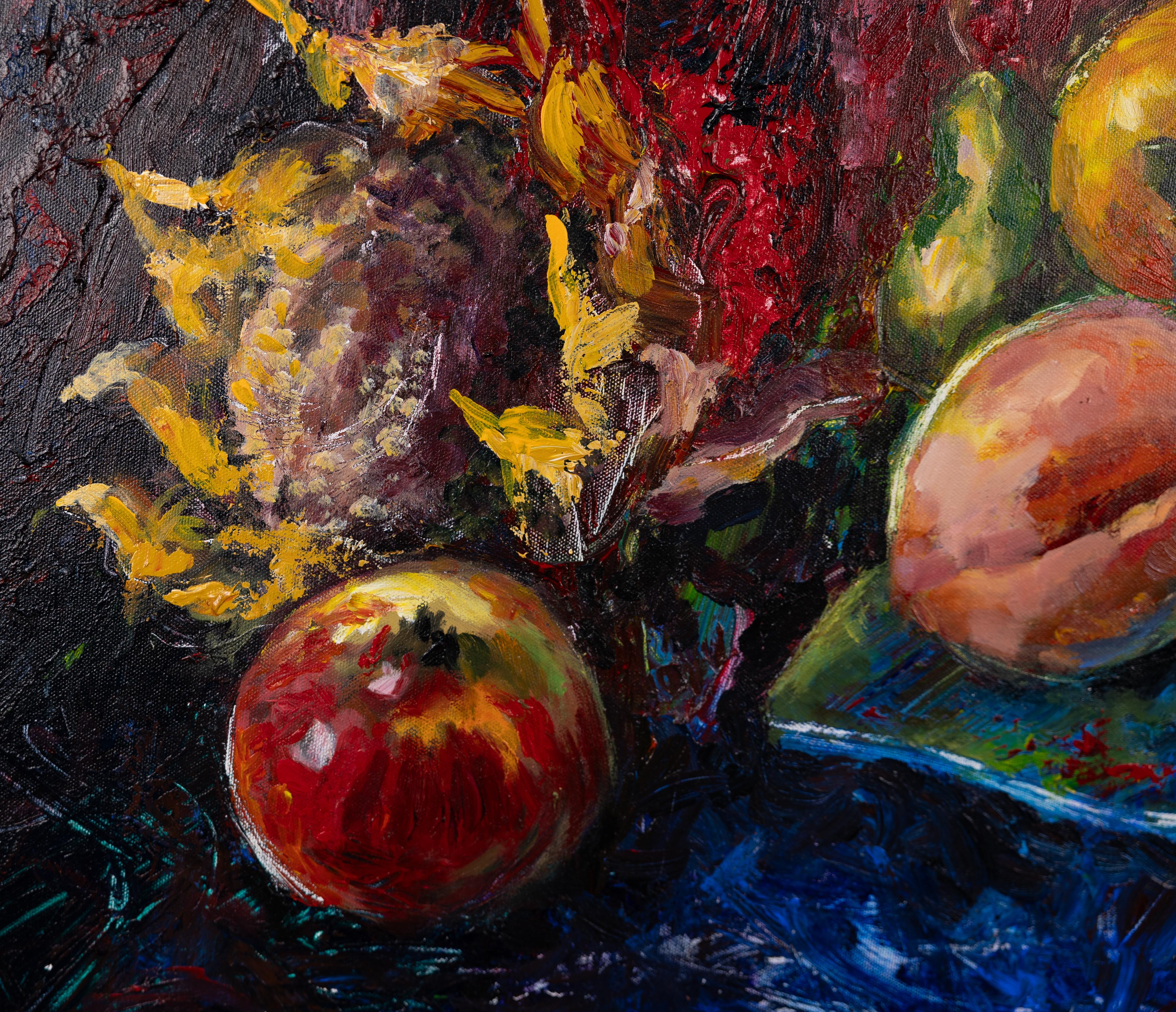 Natura morta con amaranto. Pittura acrilica, grande formato quadrato, fiori, frutta in vendita 2