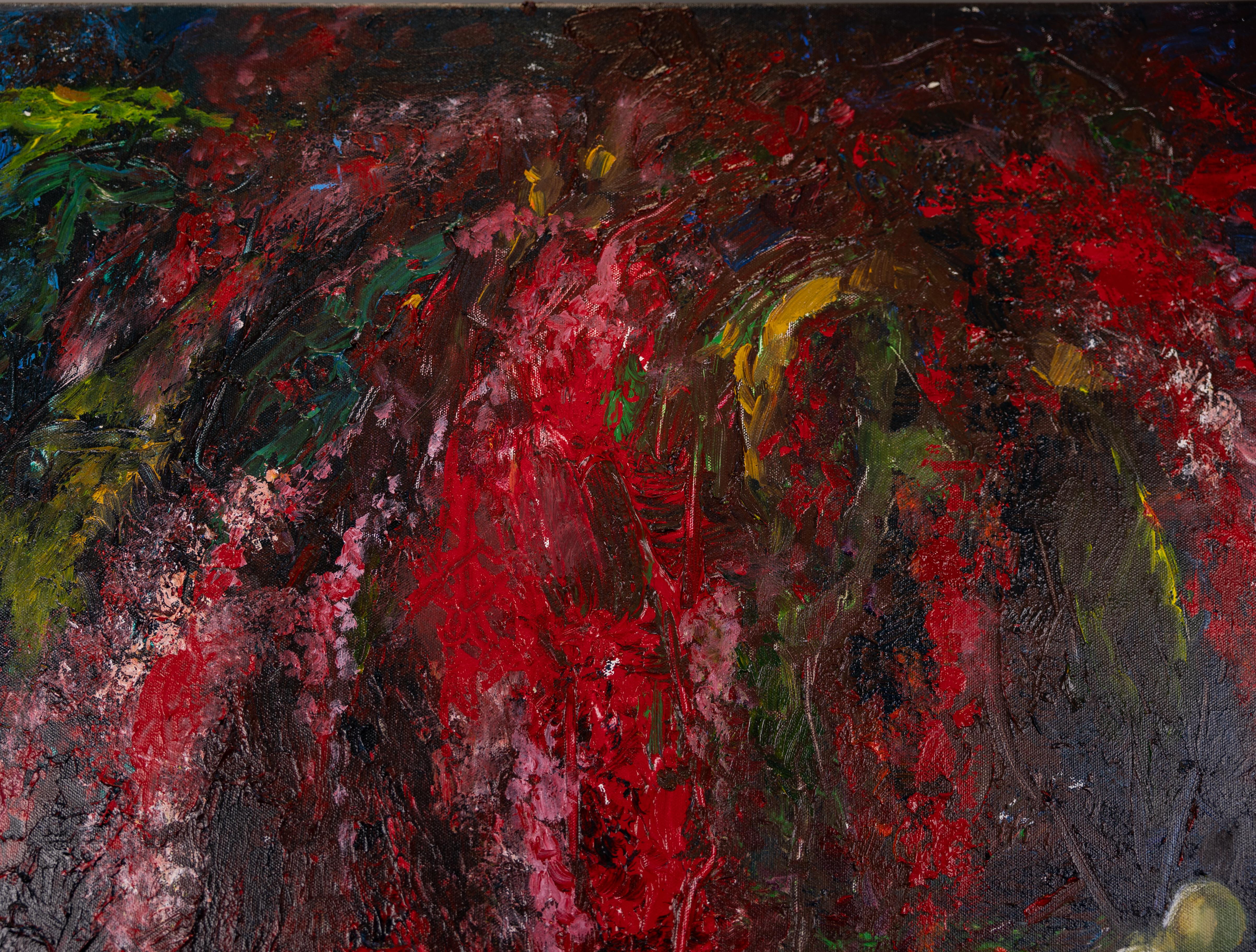 Natura morta con amaranto. Pittura acrilica, grande formato quadrato, fiori, frutta in vendita 3