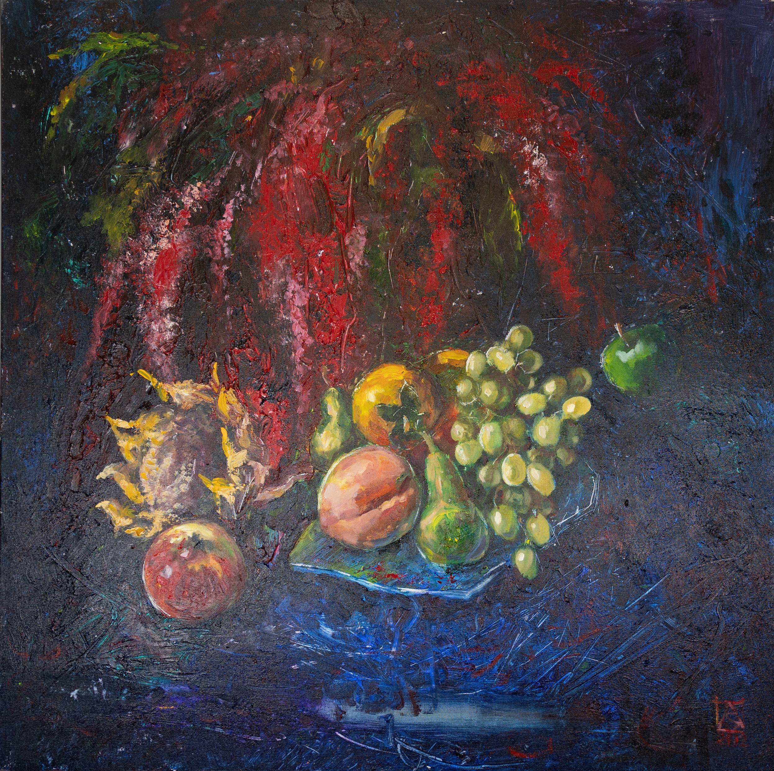 Still-Life Painting di Anna Shesterikova - Natura morta con amaranto. Pittura acrilica, grande formato quadrato, fiori, frutta