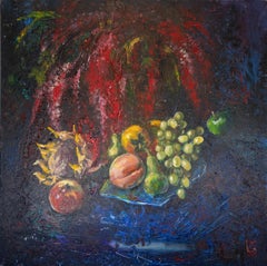 Still Life With Amaranth. Acrylic painting, large square format, flowers, fruits