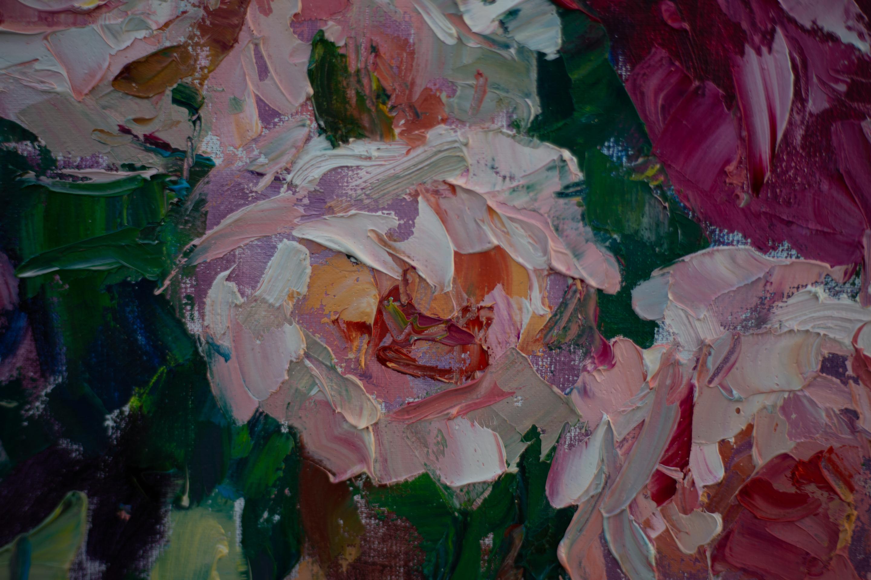 Still Life with Water Melone. Vertical, oil, bright, flowers, fruits, summer For Sale 5