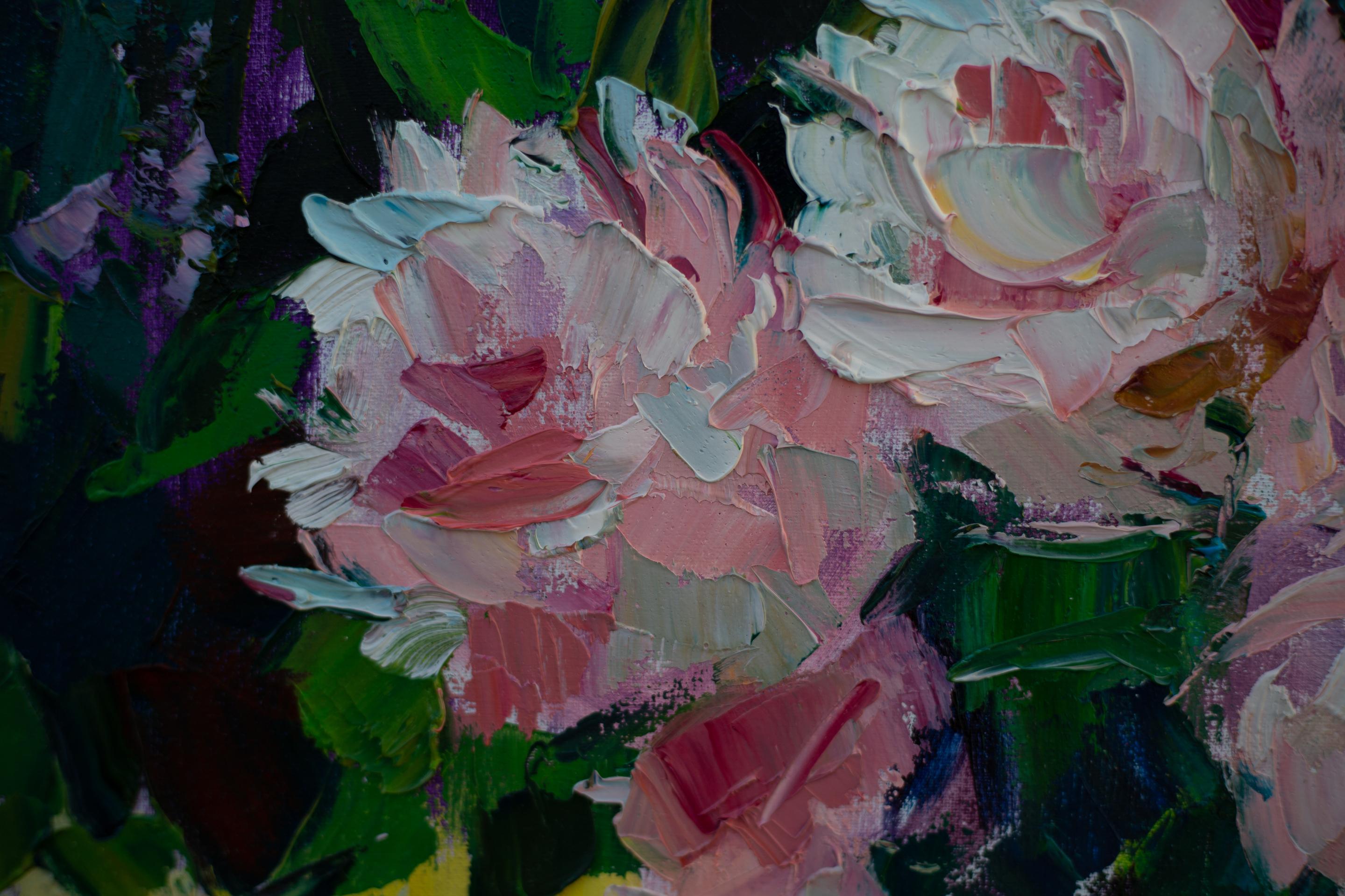 Still Life with Water Melone. Vertical, oil, bright, flowers, fruits, summer For Sale 7