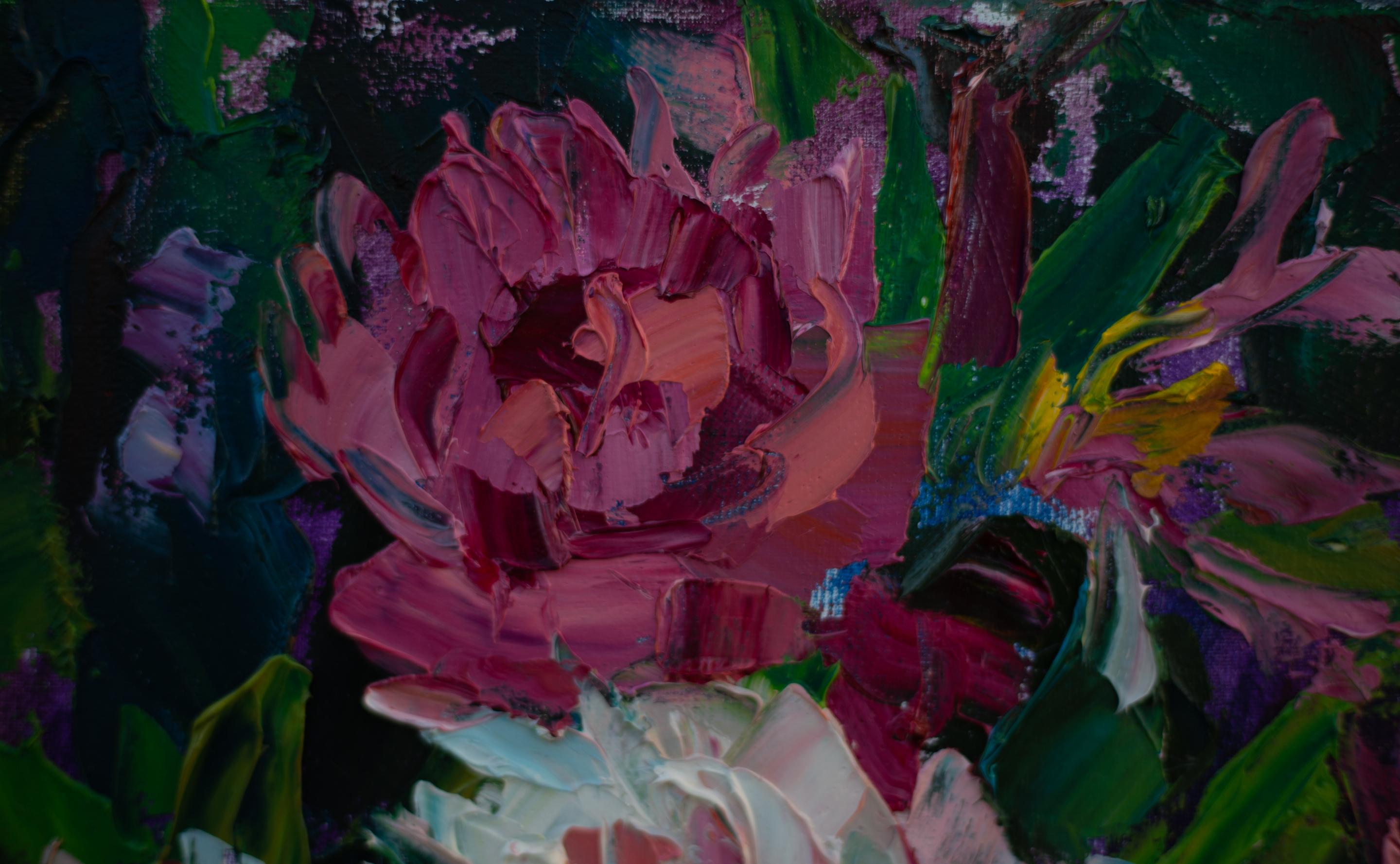 Still Life with Water Melone. Vertical, oil, bright, flowers, fruits, summer For Sale 8