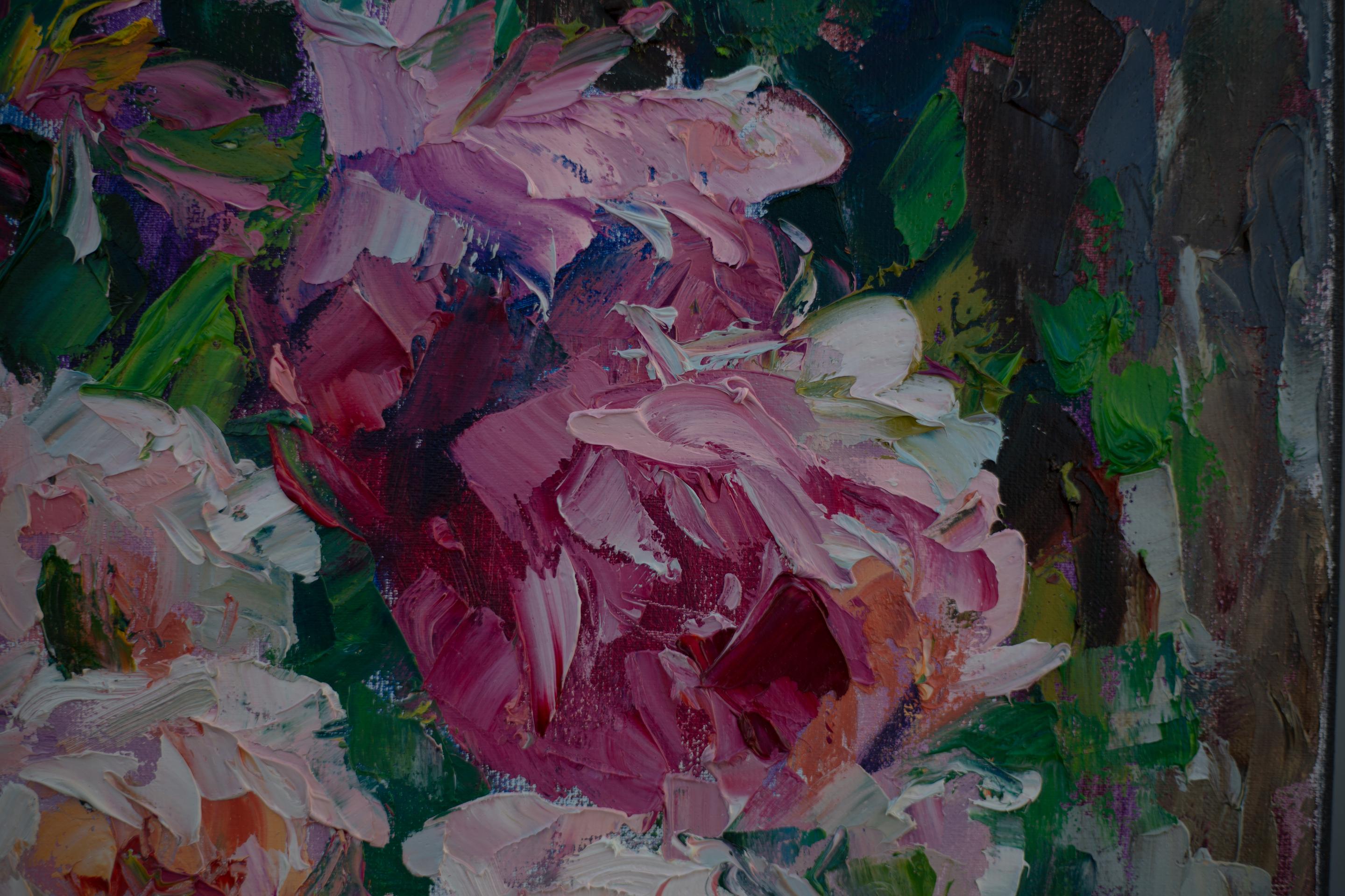 Still Life with Water Melone. Vertical, oil, bright, flowers, fruits, summer For Sale 9