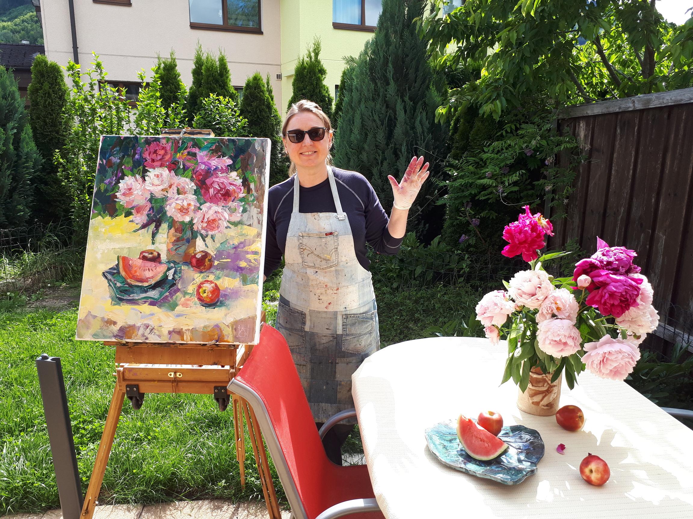 Stilleben mit Wassermelone. Vertikaler vertikaler, Öl, hell, Blumen, Früchte, Sommer (Post-Impressionismus), Painting, von Anna Shesterikova