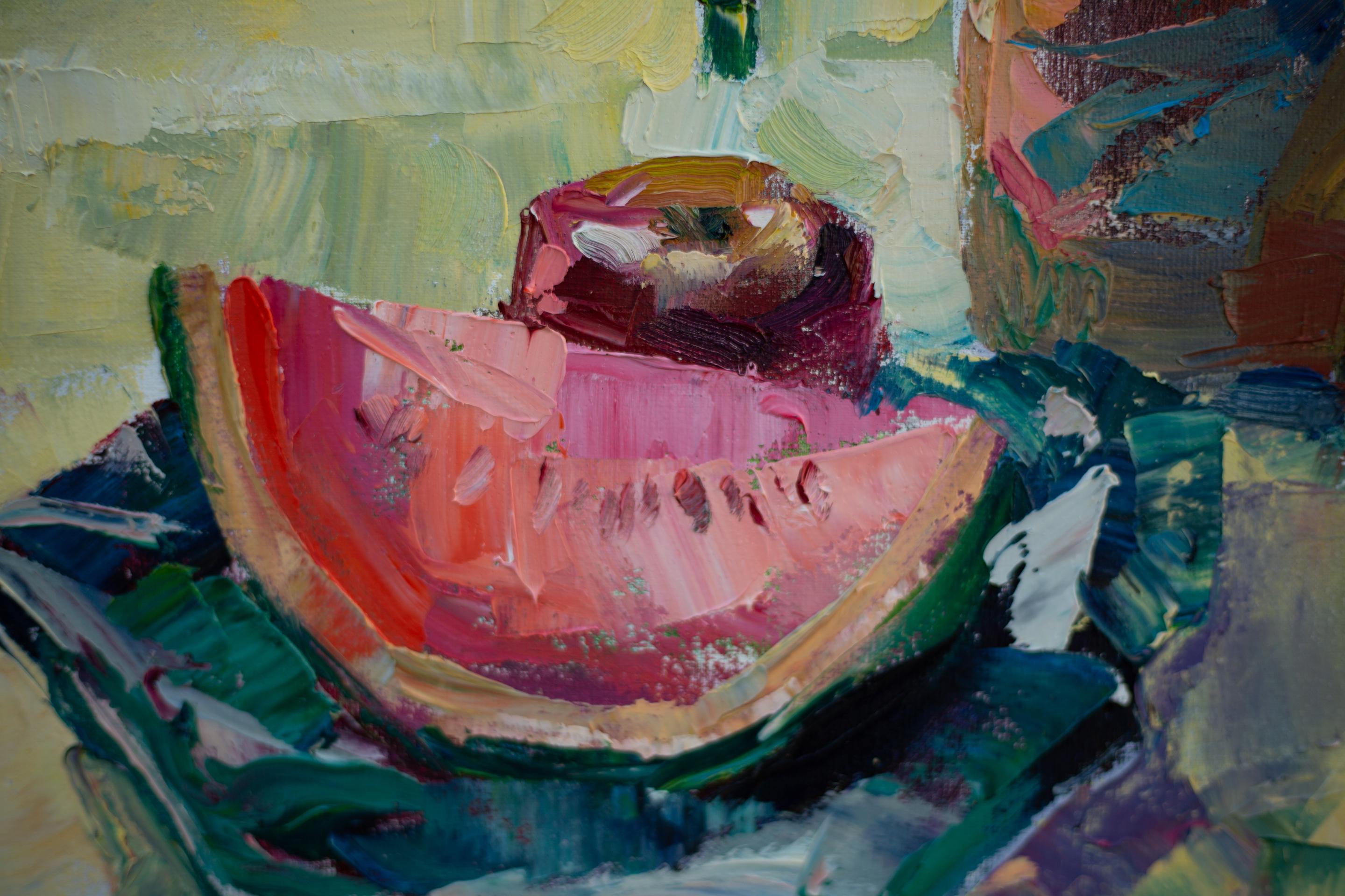 Still Life with Water Melone. Vertical, oil, bright, flowers, fruits, summer For Sale 2