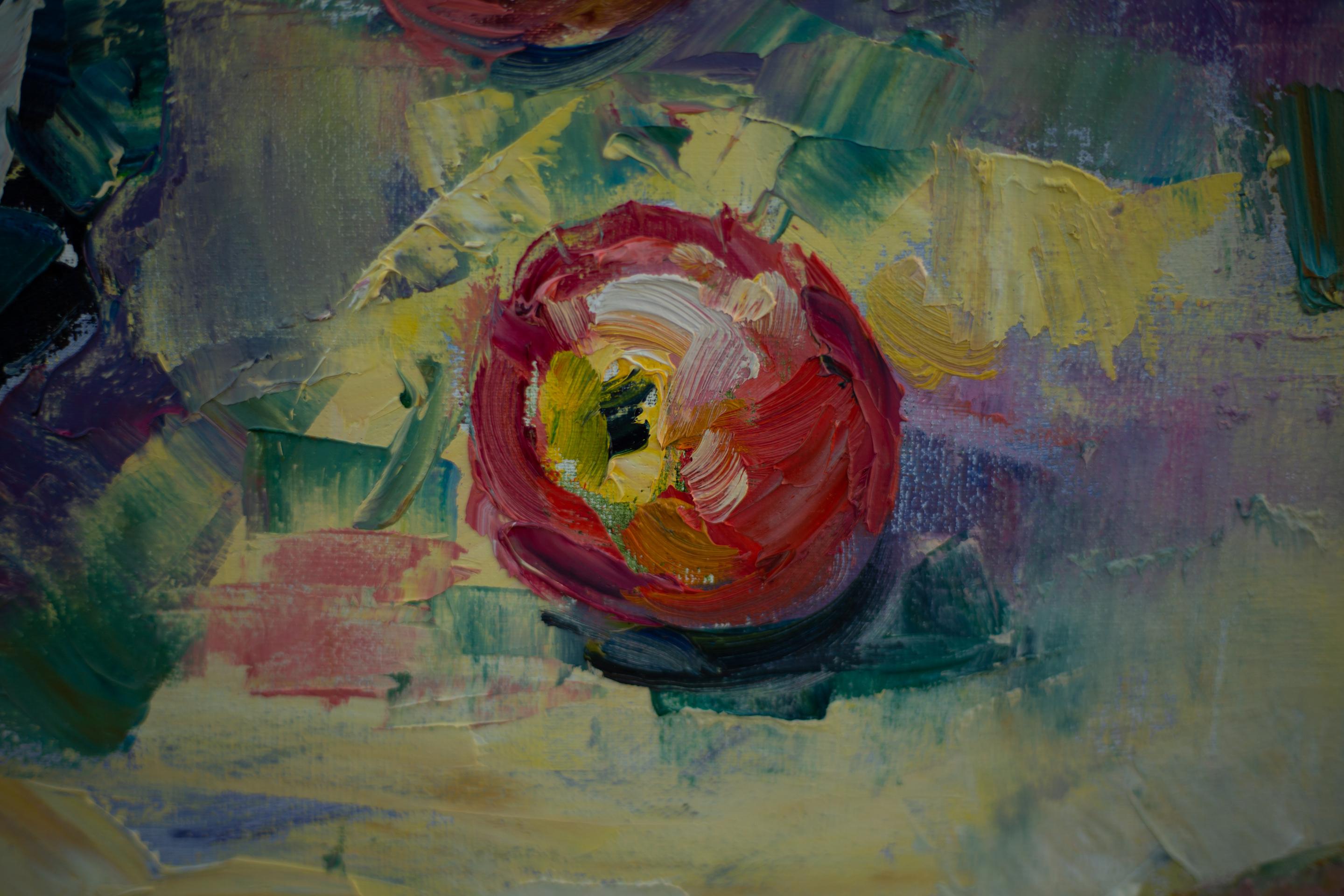 Still Life with Water Melone. Vertical, oil, bright, flowers, fruits, summer For Sale 3